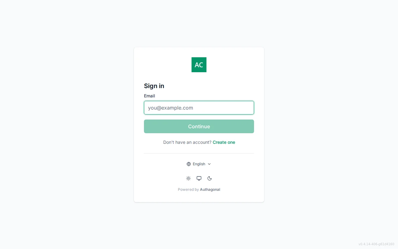 Hosted sign-in screen with an email field, Continue button, single sign-on provider buttons, and forgot-password and create-account links