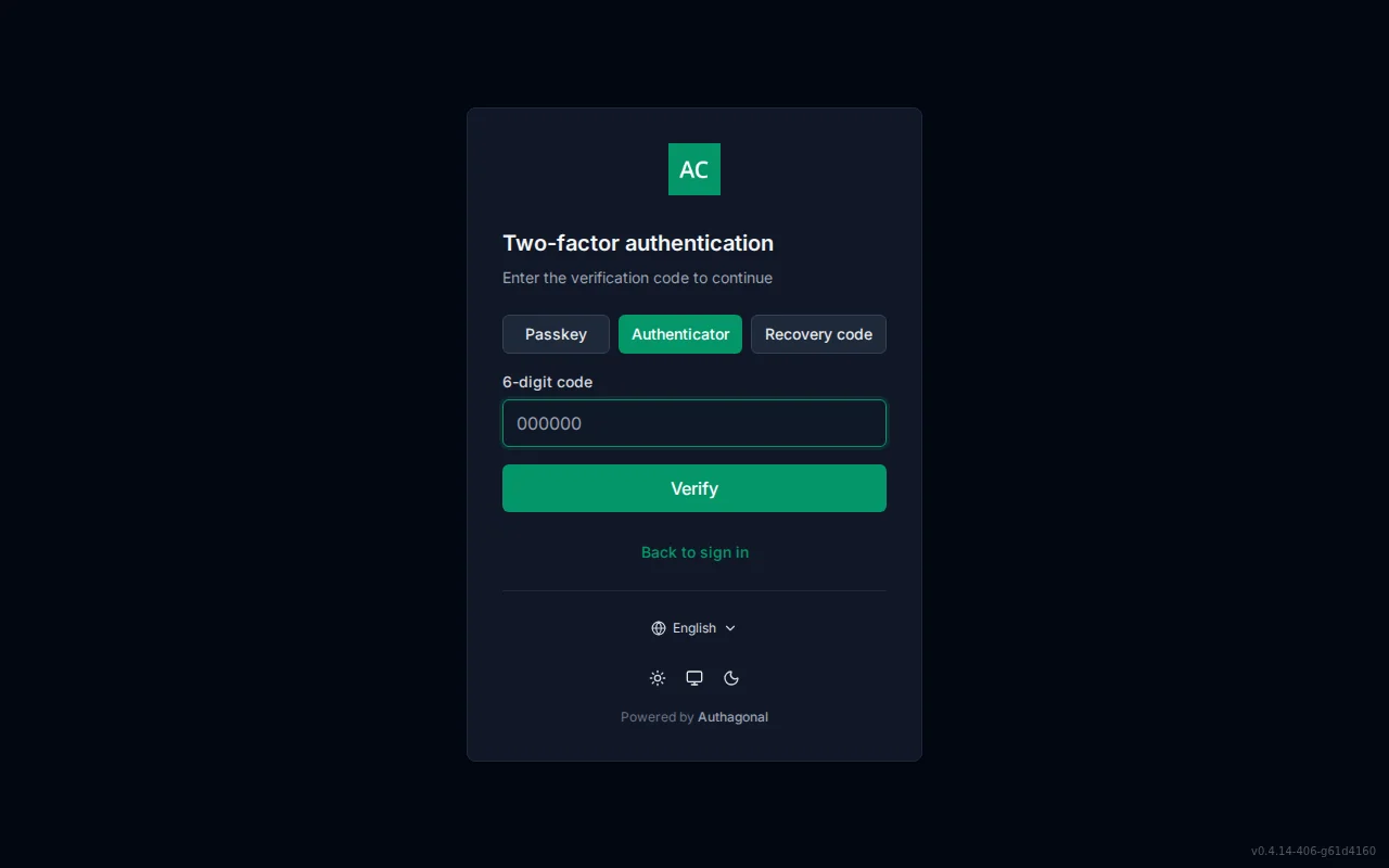 MFA challenge screen with a method switcher, a six-digit authenticator code field, recovery-code entry, and a passkey button