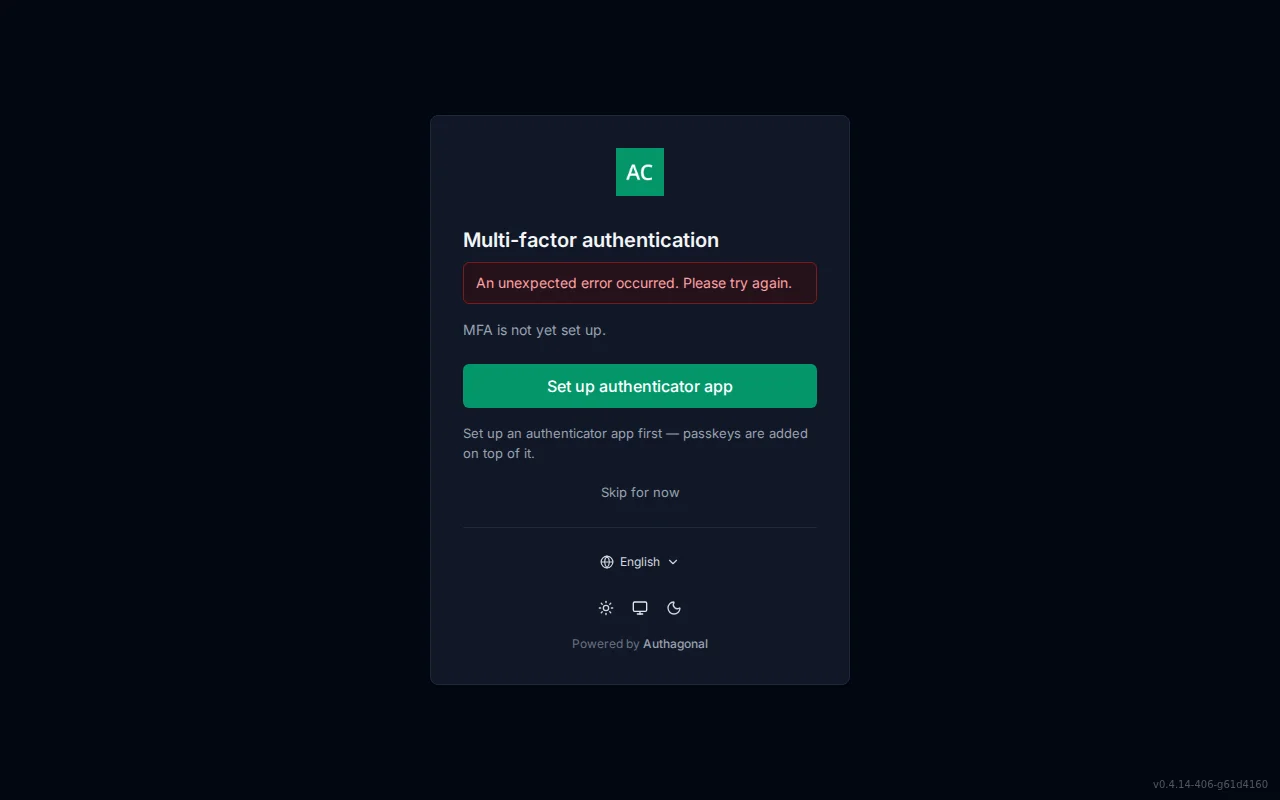 MFA setup screen showing enrolled-method status, authenticator QR code and manual key, passkey enrolment, and recovery-code generation