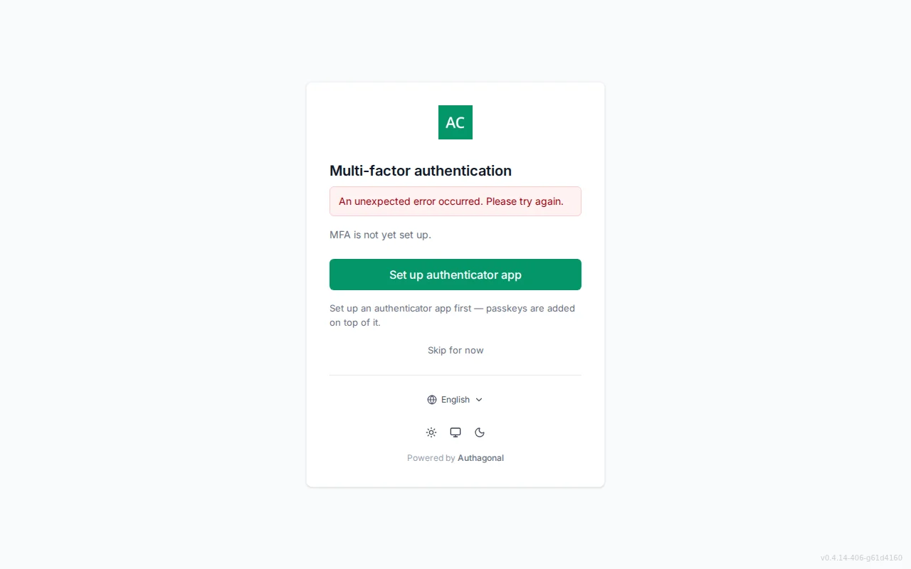 MFA setup screen showing enrolled-method status, authenticator QR code and manual key, passkey enrolment, and recovery-code generation