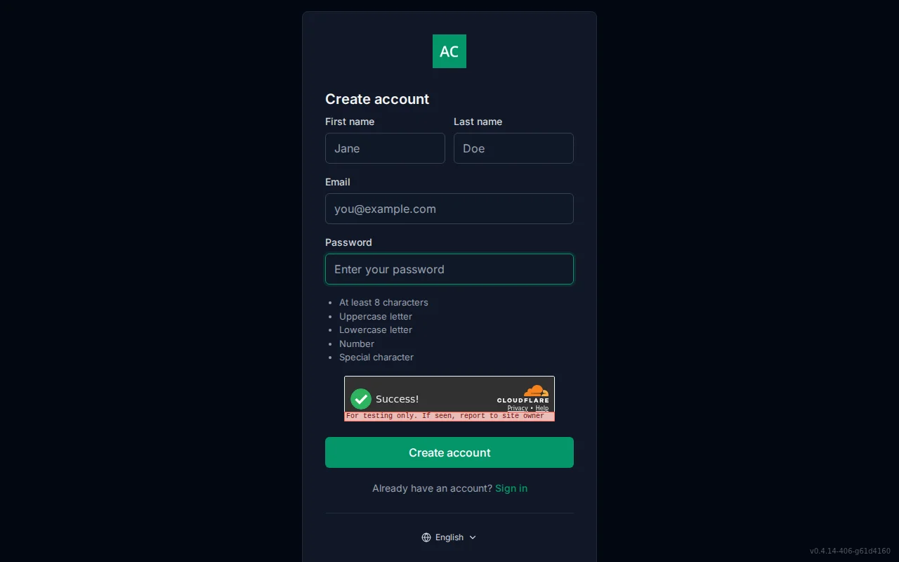 Account registration screen with first and last name fields, email, password, and a live password-policy checklist