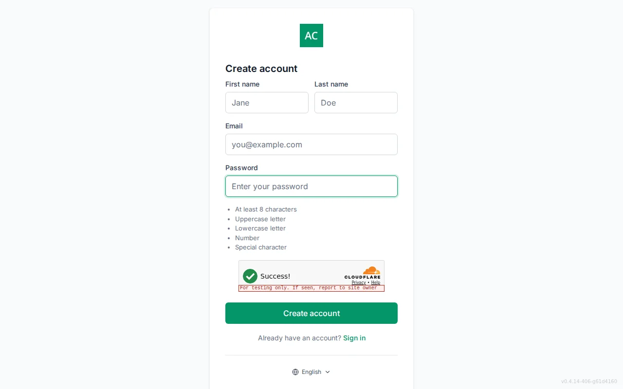 Account registration screen with first and last name fields, email, password, and a live password-policy checklist