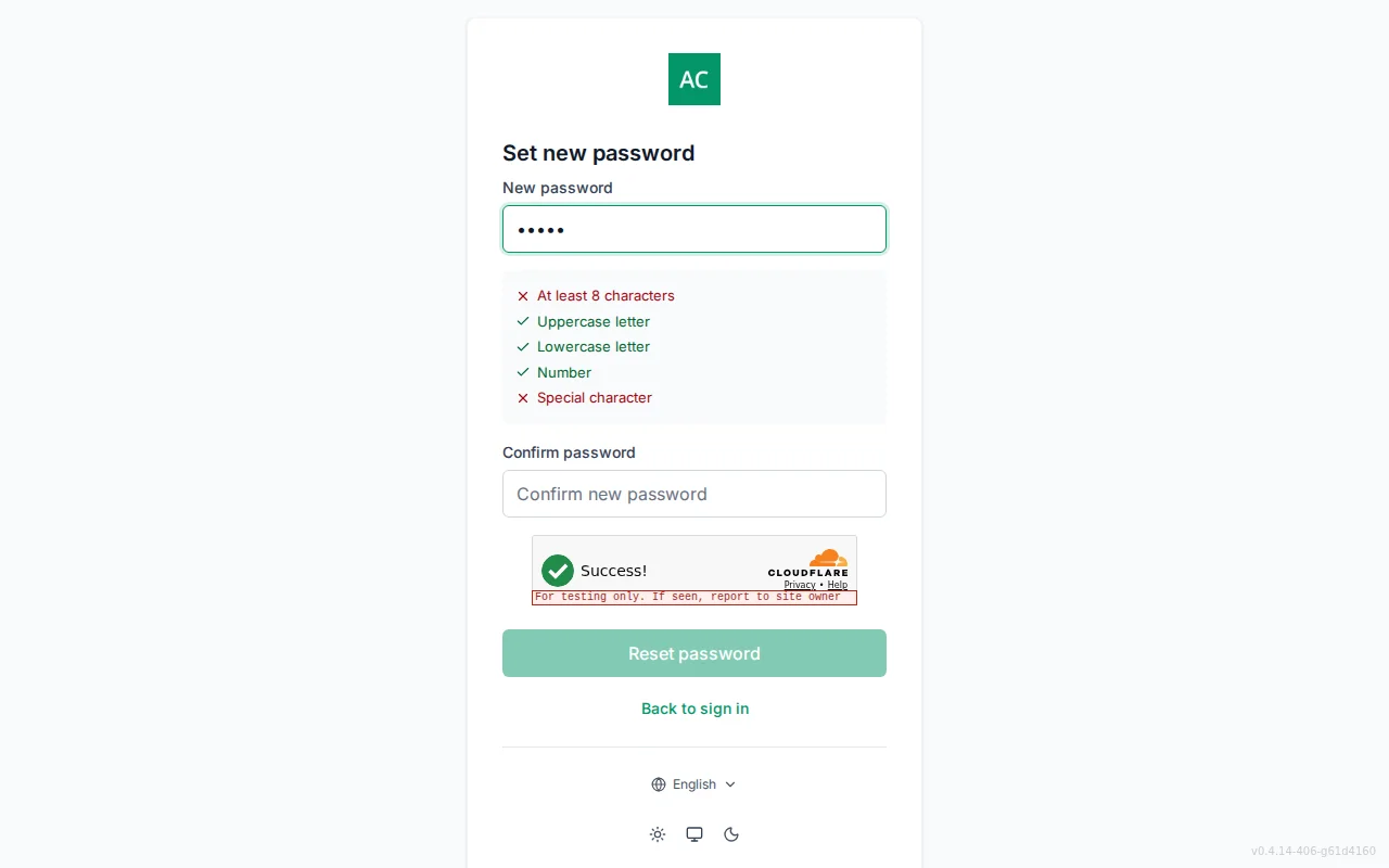 Reset-password screen with new and confirm password fields and a live per-rule requirement checklist