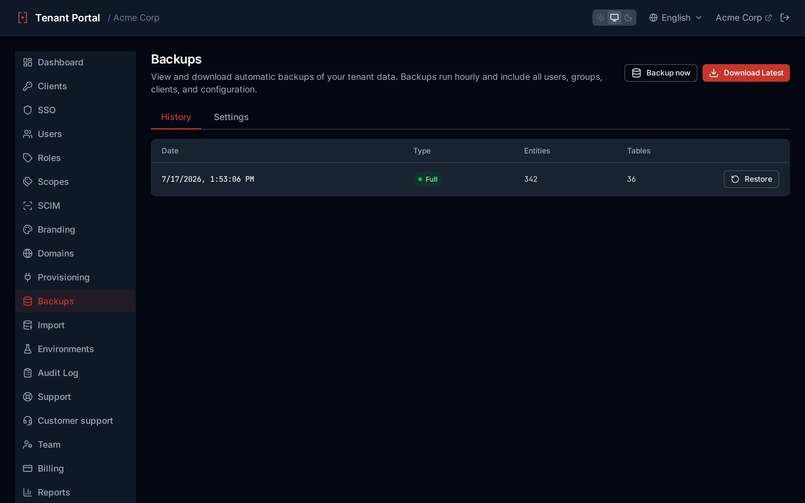 Backups page showing backup history with timestamps, types, and entity counts
