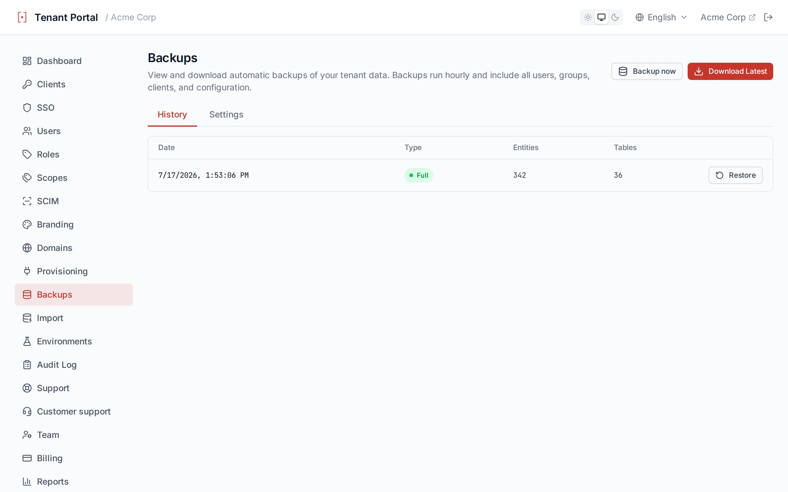Backups page showing backup history with timestamps, types, and entity counts
