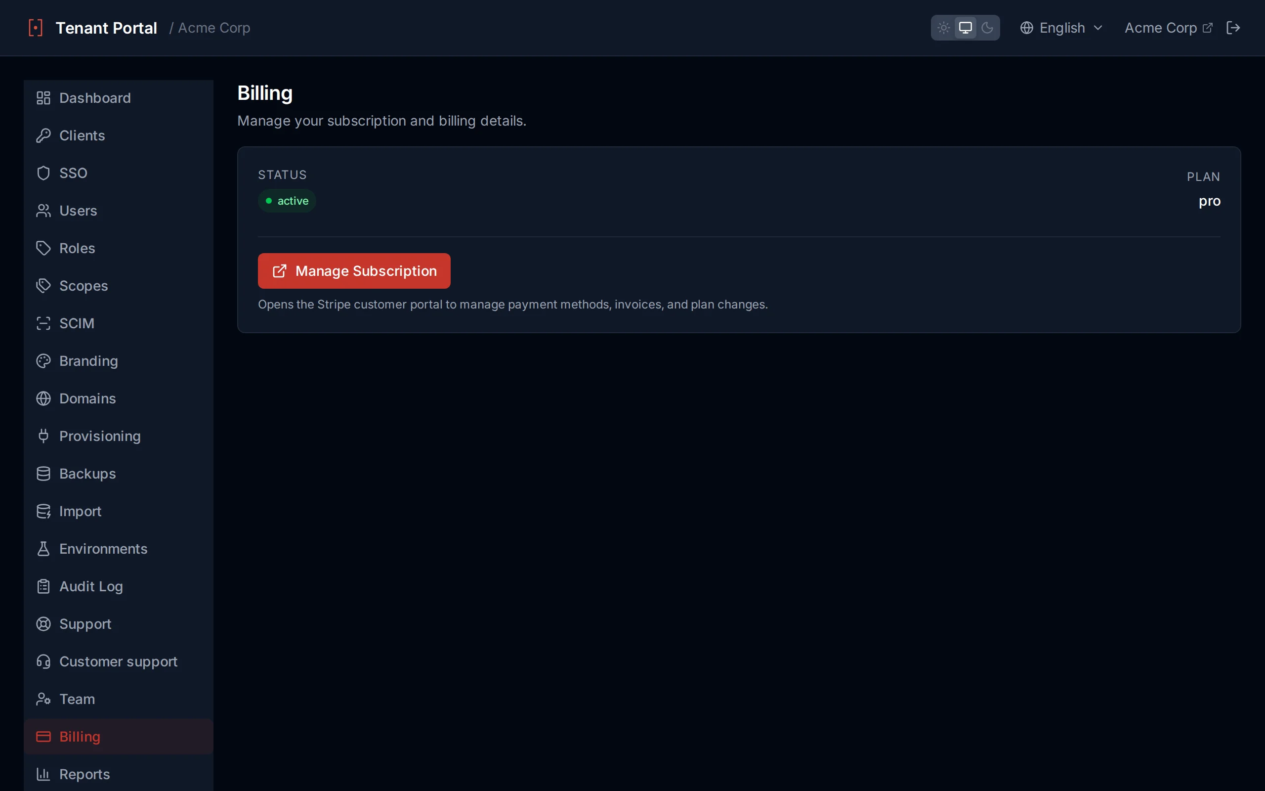 Billing page showing subscription status, plan name, billing period, and Manage Subscription button