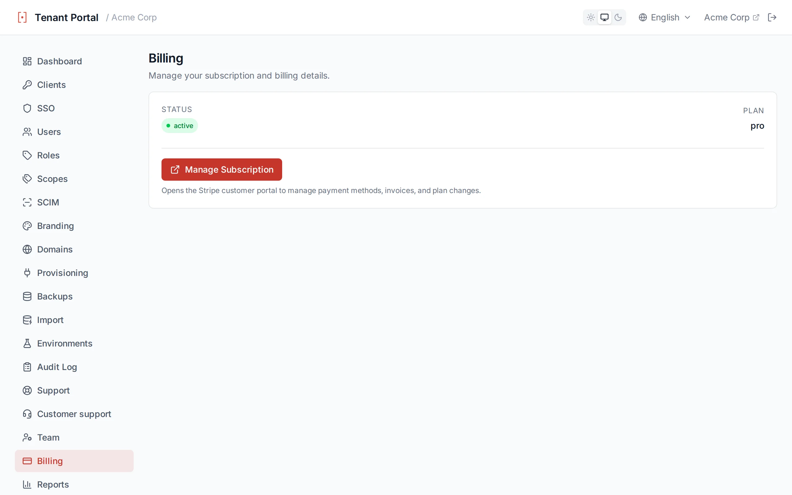 Billing page showing subscription status, plan name, billing period, and Manage Subscription button