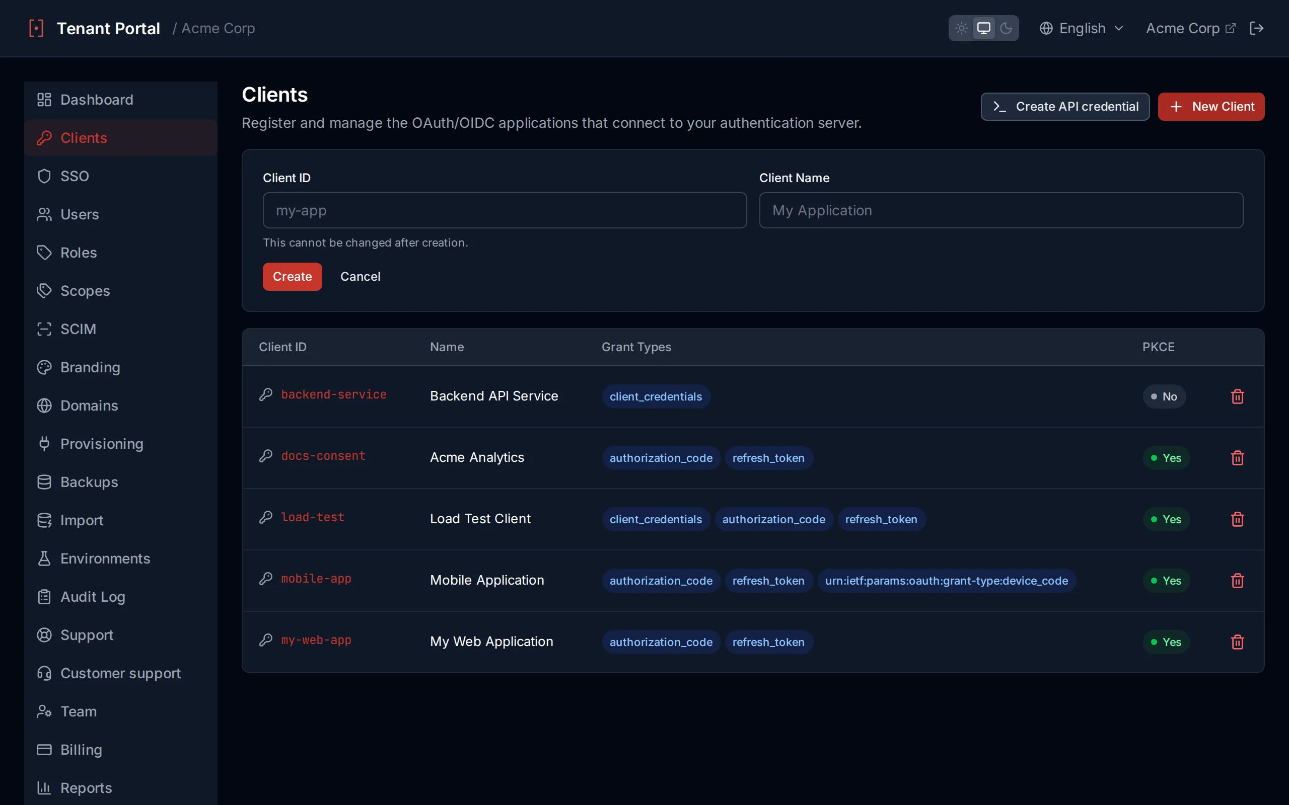 Client creation form with clientId, clientName, and redirect URI fields