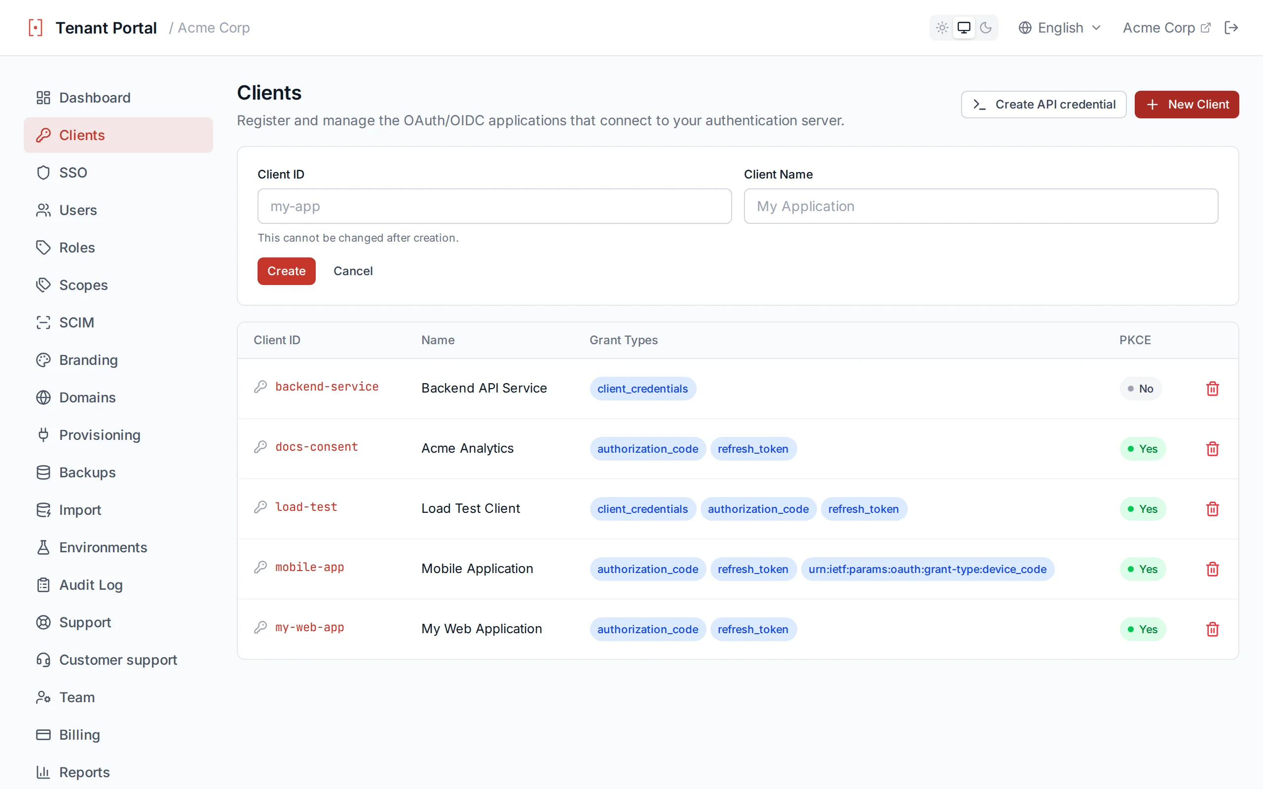 Client creation form with clientId, clientName, and redirect URI fields