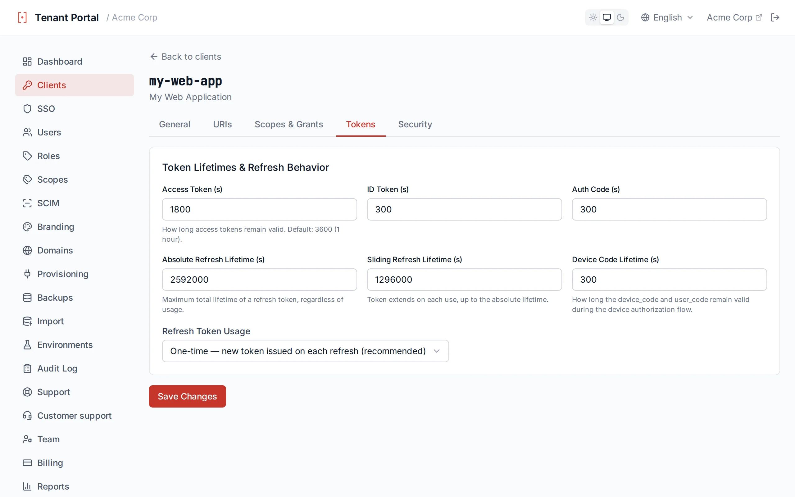 Token lifetime configuration fields with numeric inputs for each lifetime setting