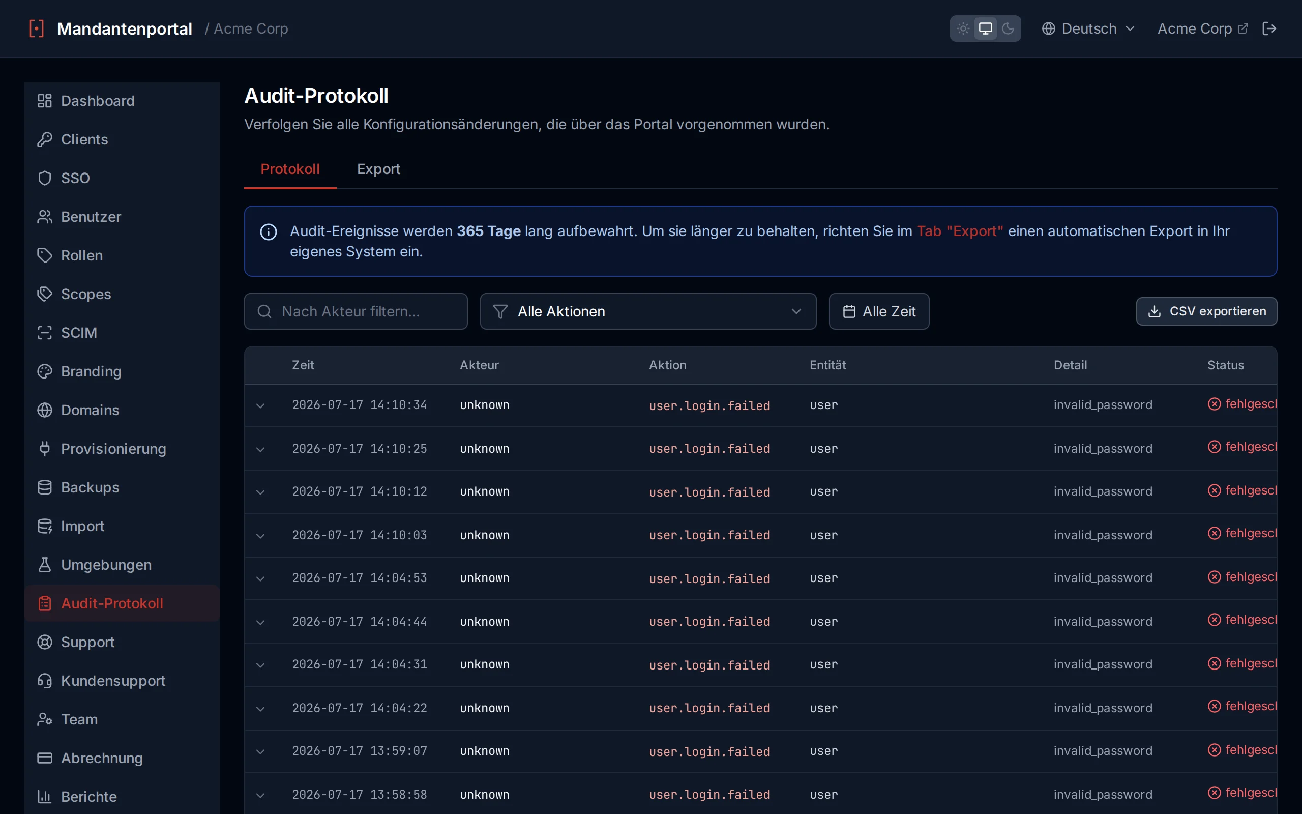 Audit log table showing timestamped administrative actions with actor, action, entity, and detail columns