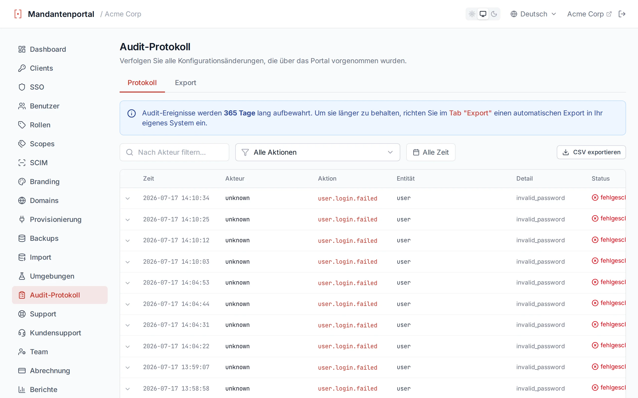 Audit log table showing timestamped administrative actions with actor, action, entity, and detail columns