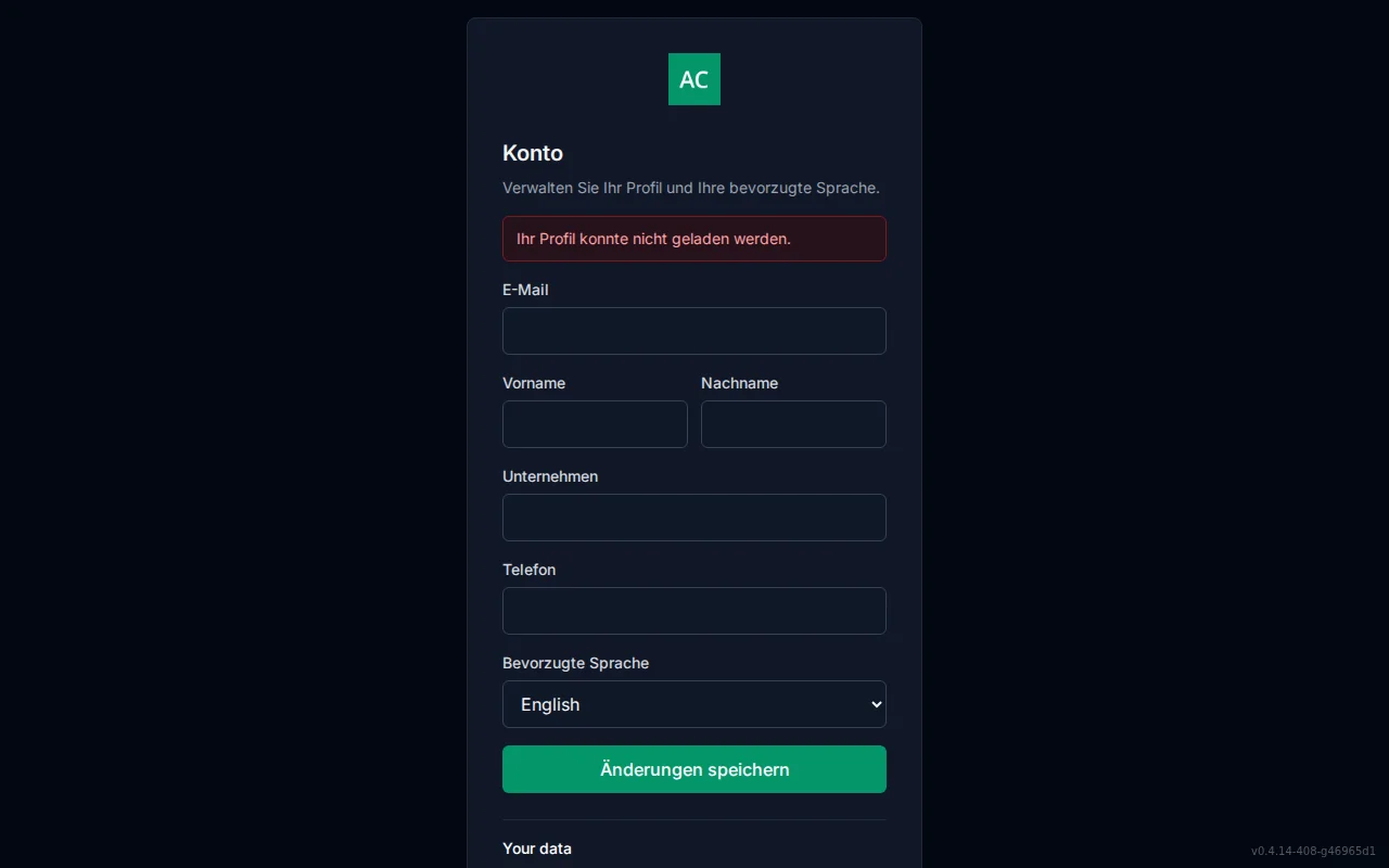 Self-service account screen with editable profile fields and a preferred Language selector