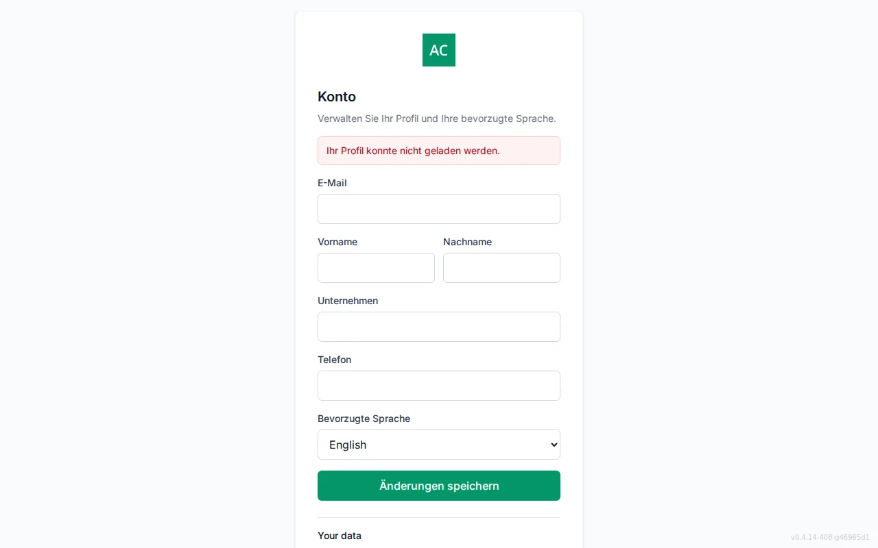 Self-service account screen with editable profile fields and a preferred Language selector