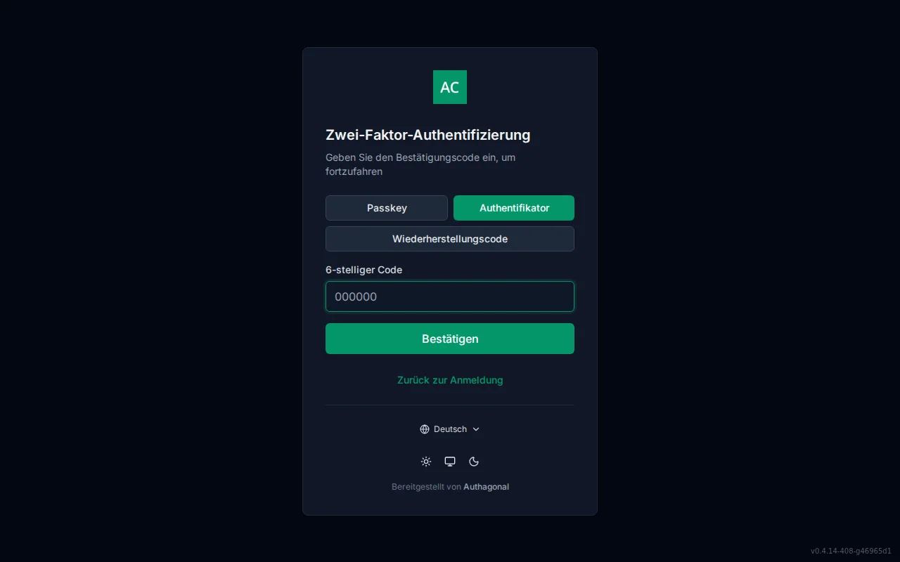 MFA challenge screen with a method switcher, a six-digit authenticator code field, recovery-code entry, and a passkey button
