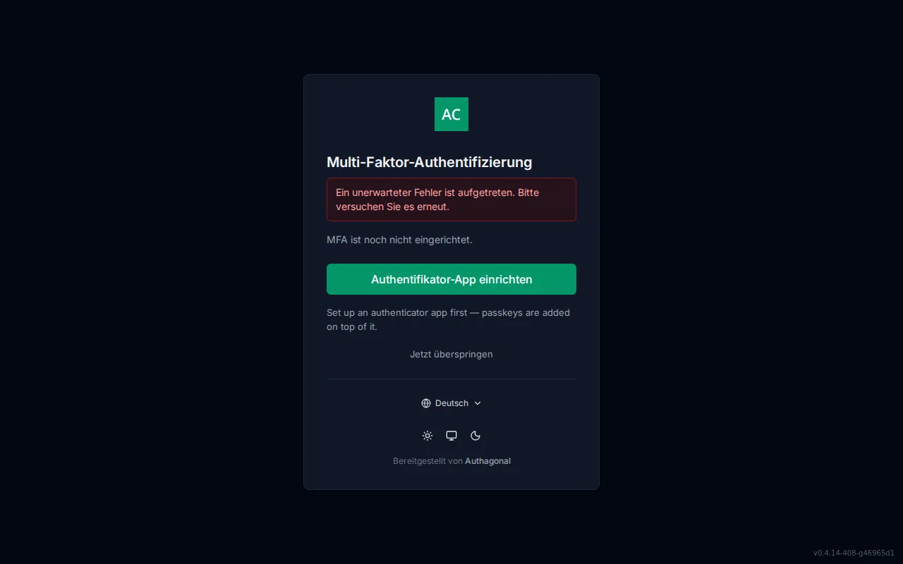 MFA setup screen showing enrolled-method status, authenticator QR code and manual key, passkey enrolment, and recovery-code generation