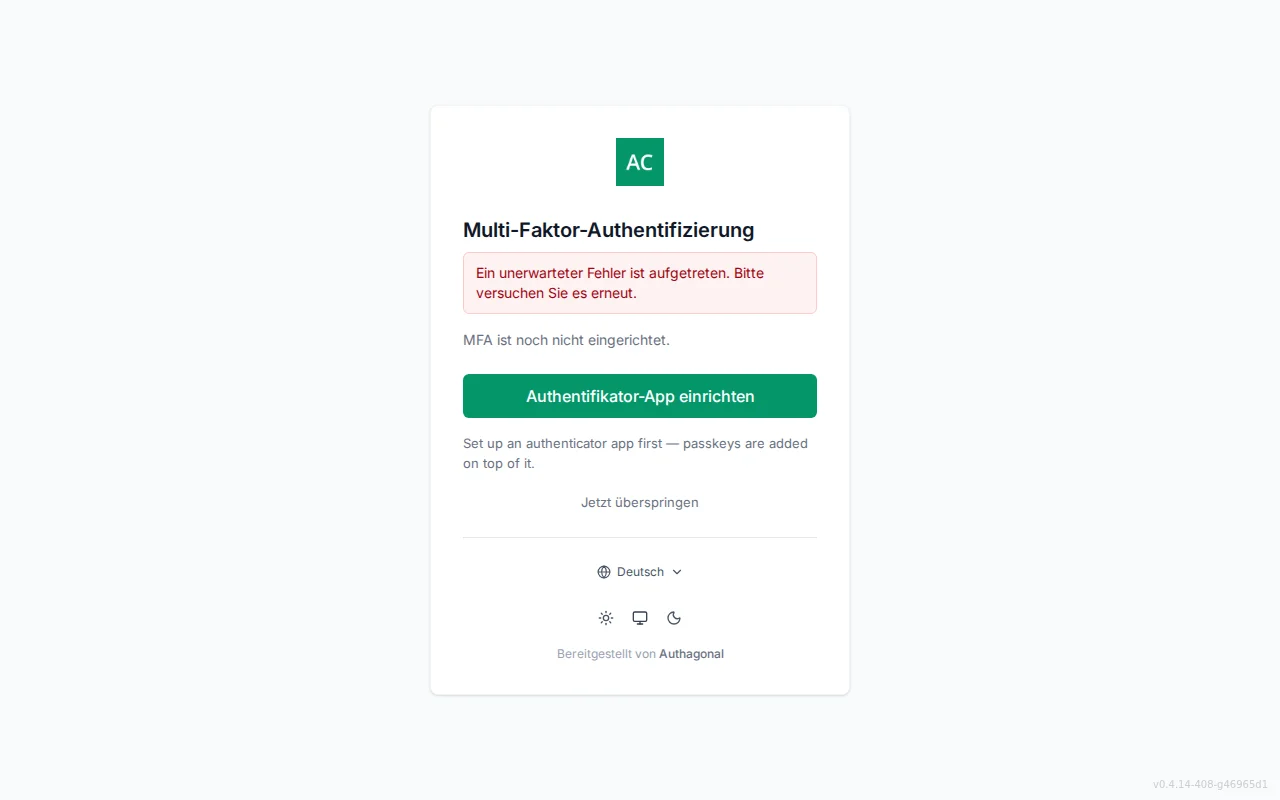 MFA setup screen showing enrolled-method status, authenticator QR code and manual key, passkey enrolment, and recovery-code generation