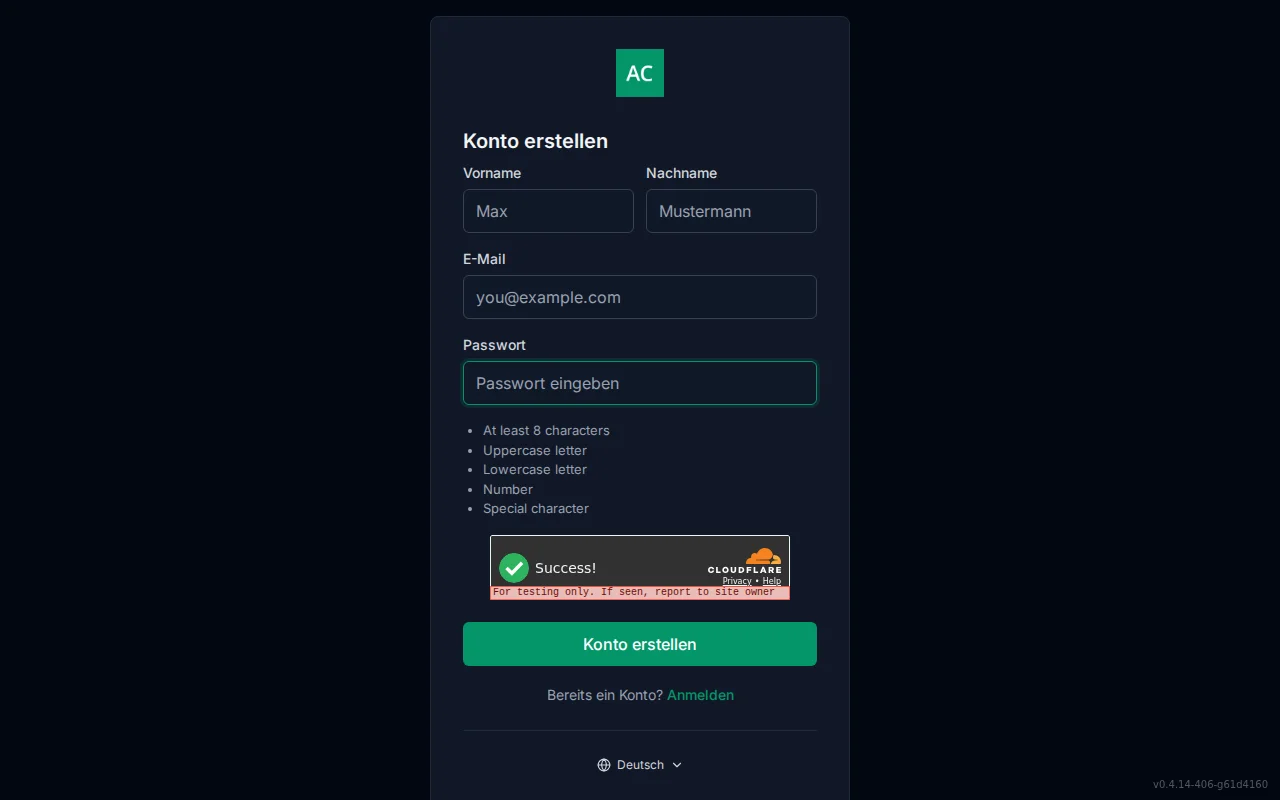 Account registration screen with first and last name fields, email, password, and a live password-policy checklist