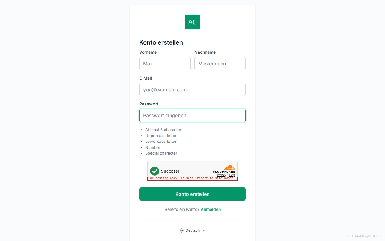 Account registration screen with first and last name fields, email, password, and a live password-policy checklist