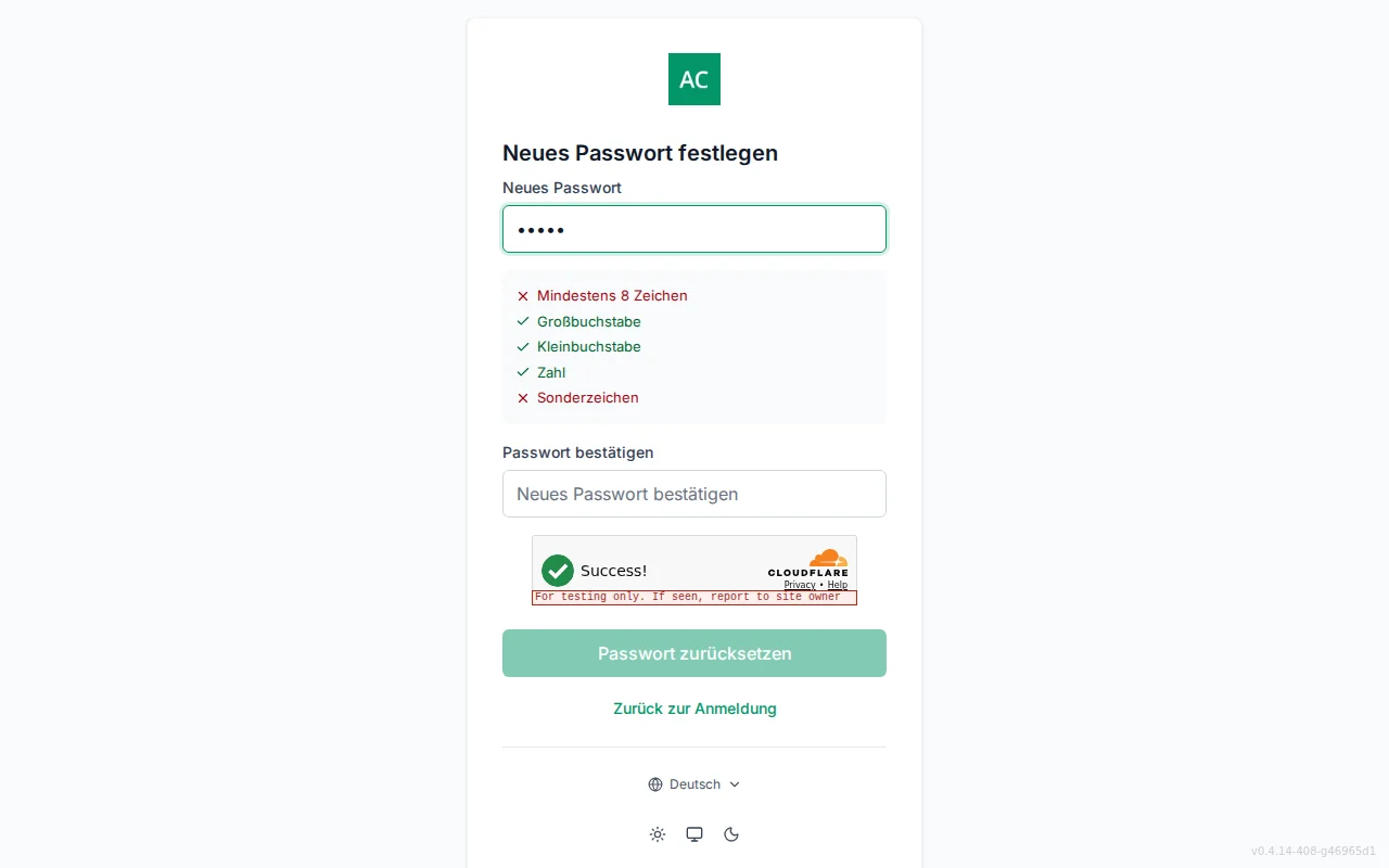 Reset-password screen with new and confirm password fields and a live per-rule requirement checklist