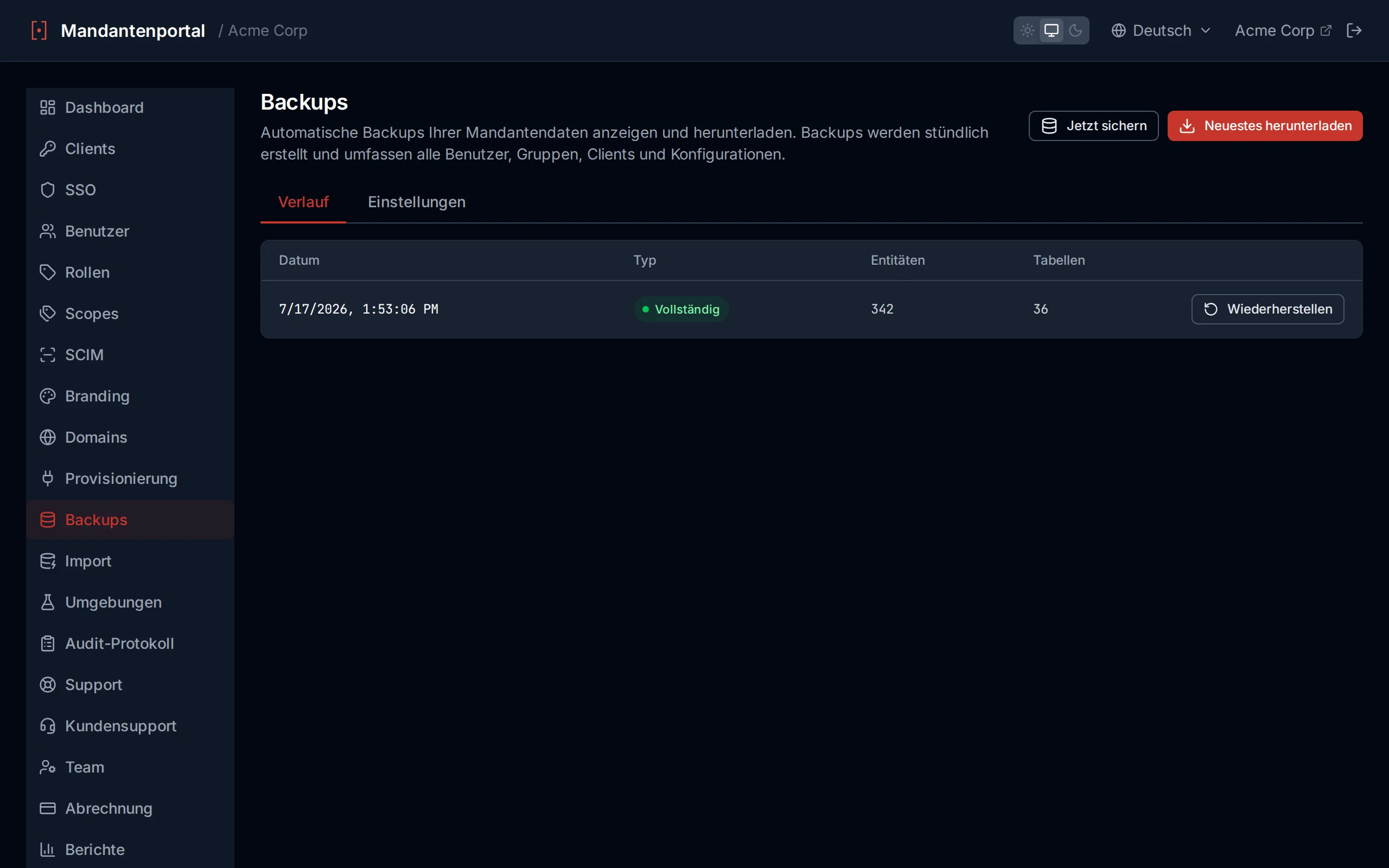 Backups page showing backup history with timestamps, types, and entity counts