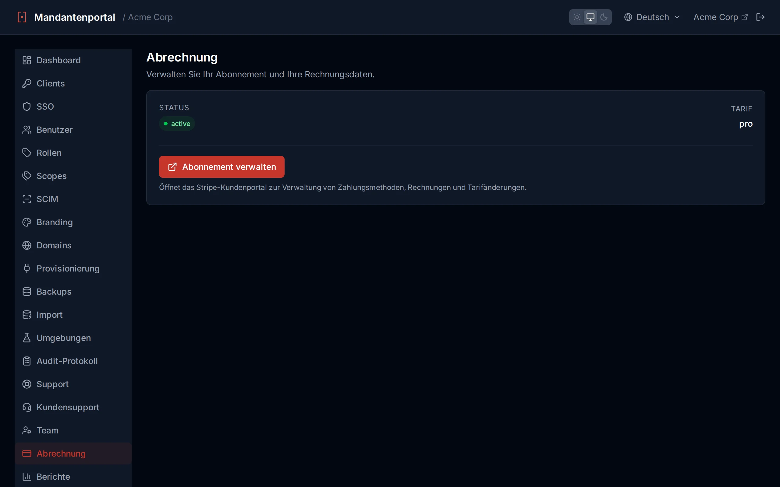 Billing page showing subscription status, plan name, billing period, and Manage Subscription button