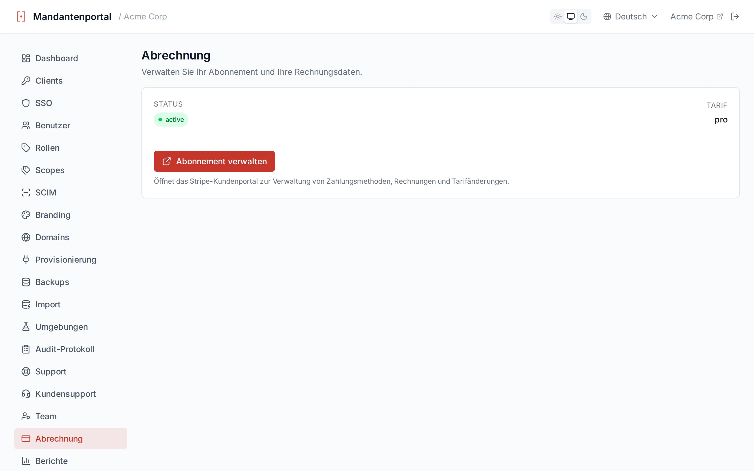 Billing page showing subscription status, plan name, billing period, and Manage Subscription button