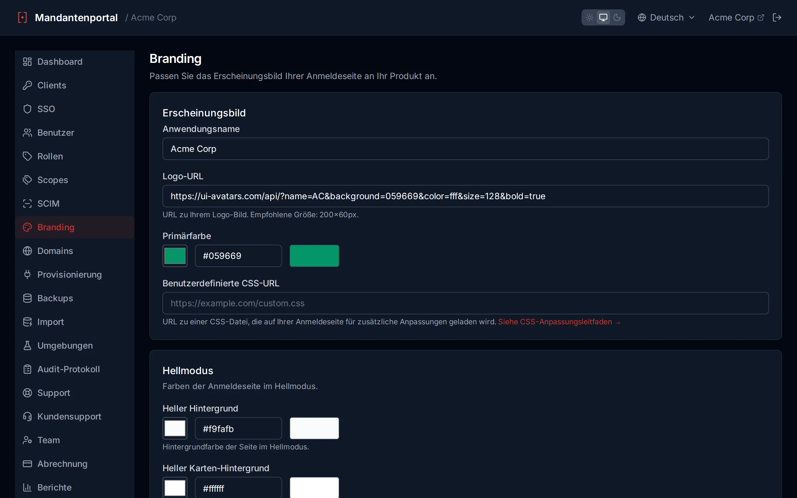 Branding appearance settings with app name input, logo URL field, color picker with hex input, and custom CSS URL field