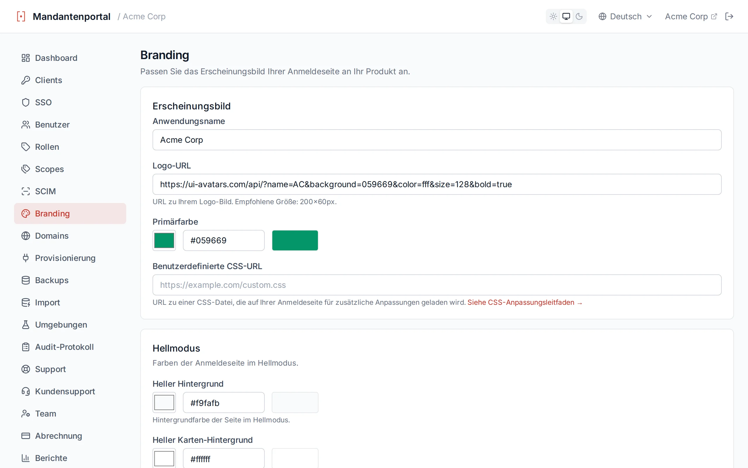 Branding appearance settings with app name input, logo URL field, color picker with hex input, and custom CSS URL field