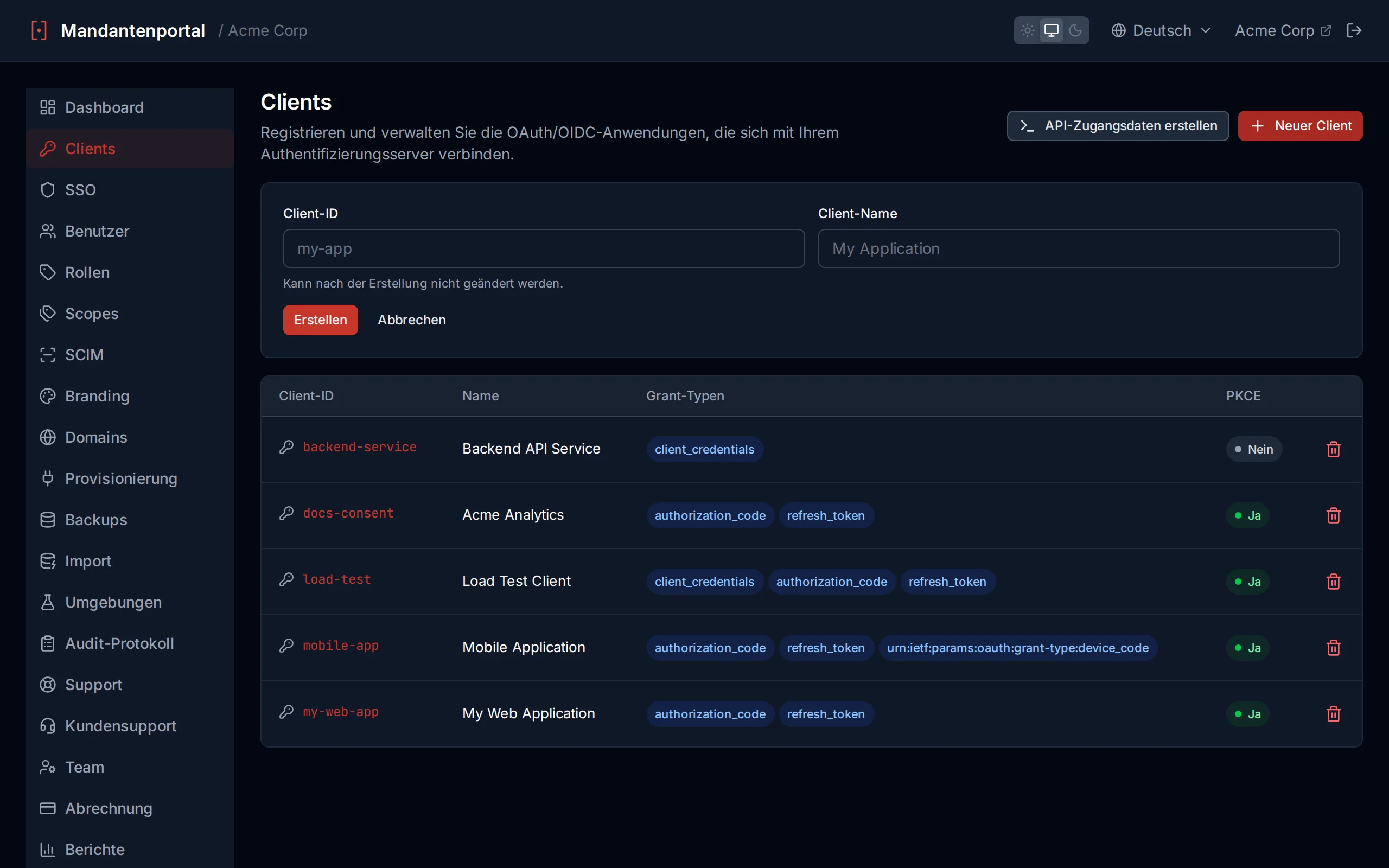 Client creation form with clientId, clientName, and redirect URI fields