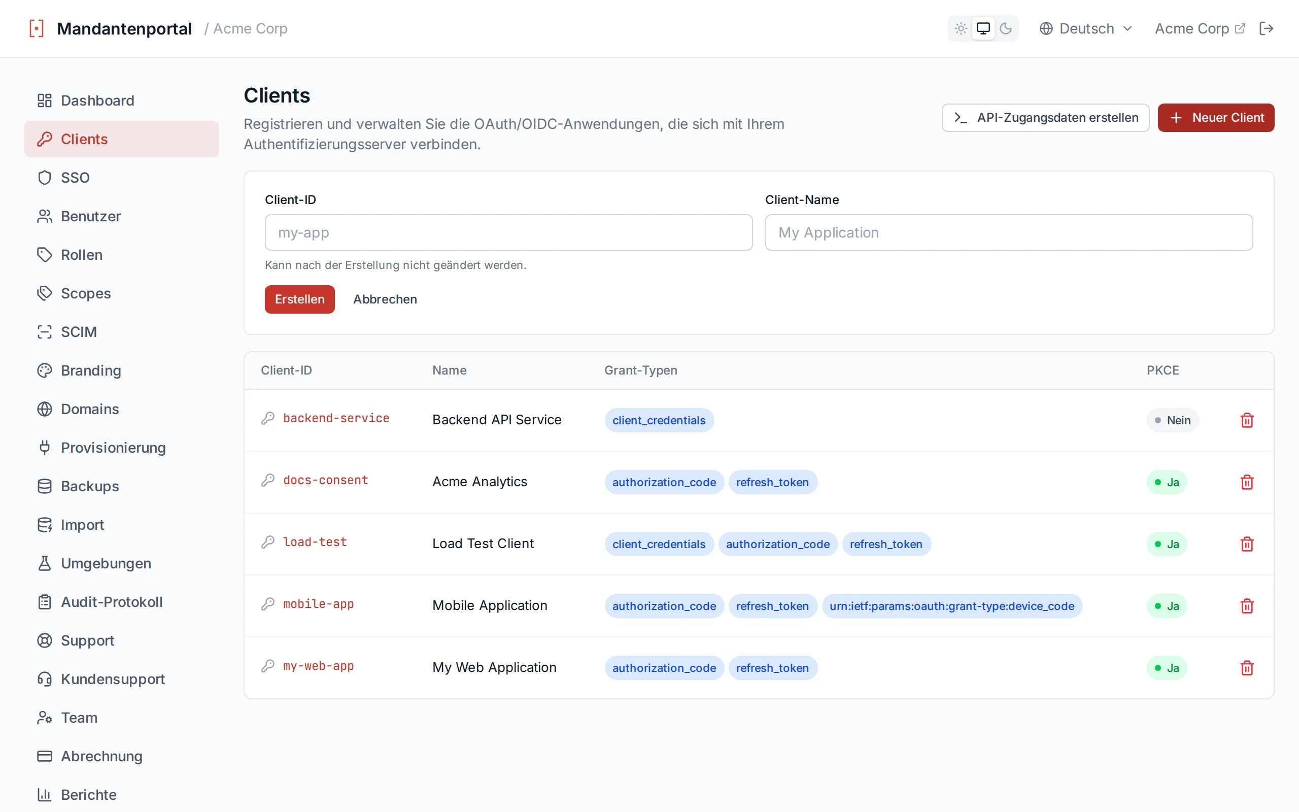 Create client form with clientId and clientName input fields