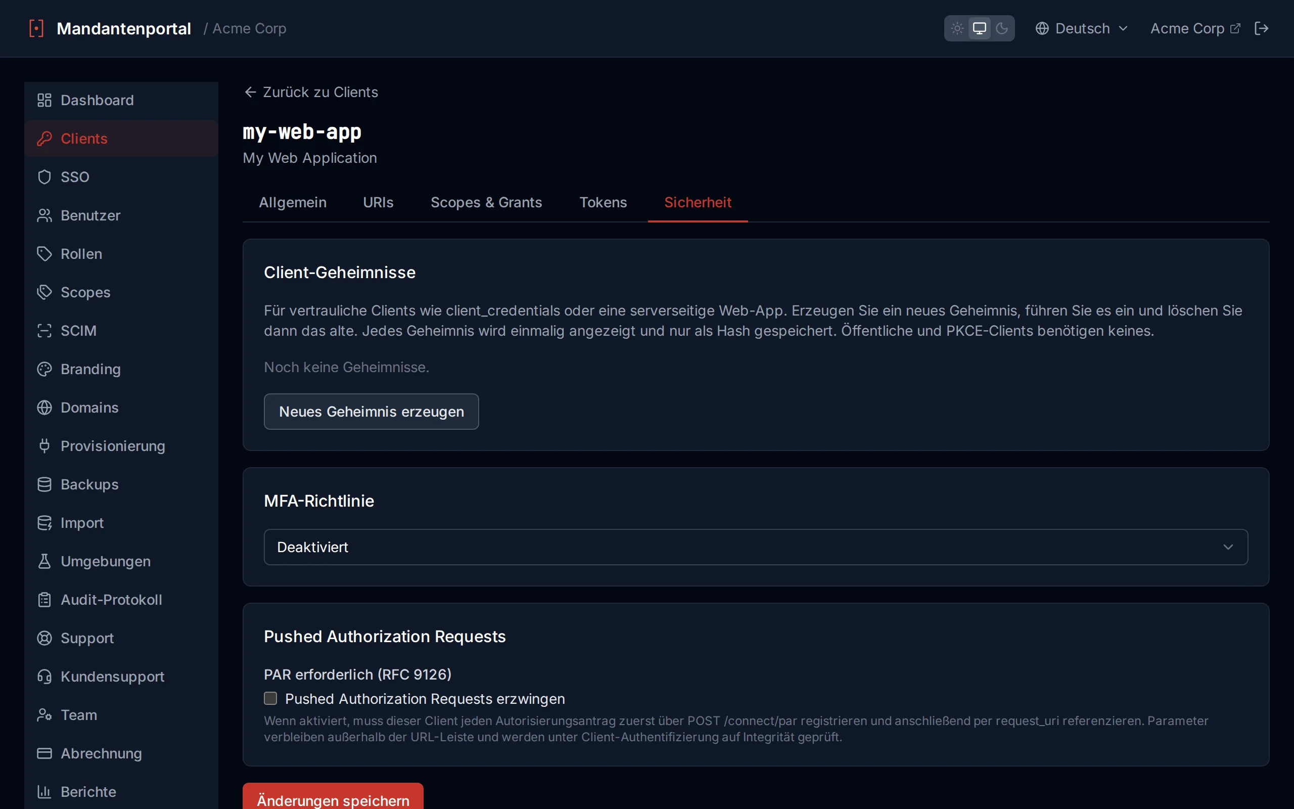 MFA policy dropdown showing Disabled, Enabled, and Required options on the client configuration page