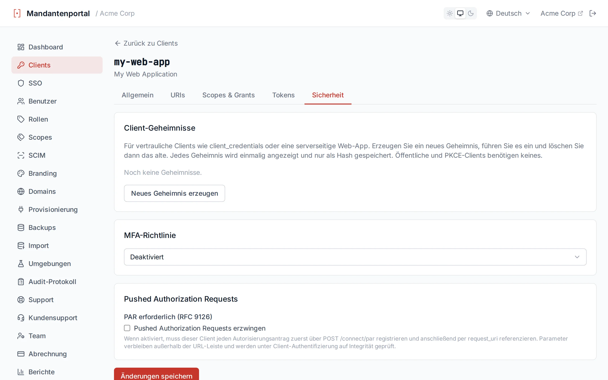 MFA policy dropdown showing Disabled, Enabled, and Required options on the client configuration page