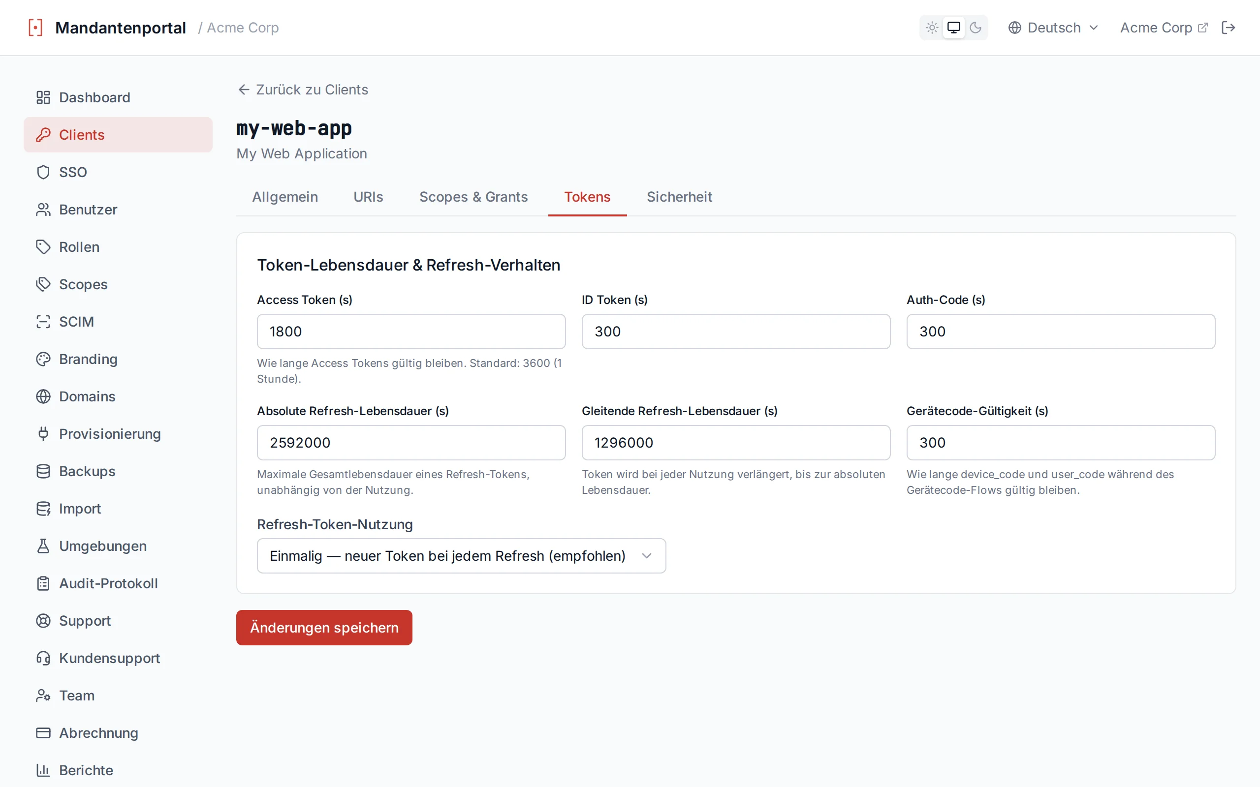 Token lifetime configuration fields with numeric inputs for each lifetime setting