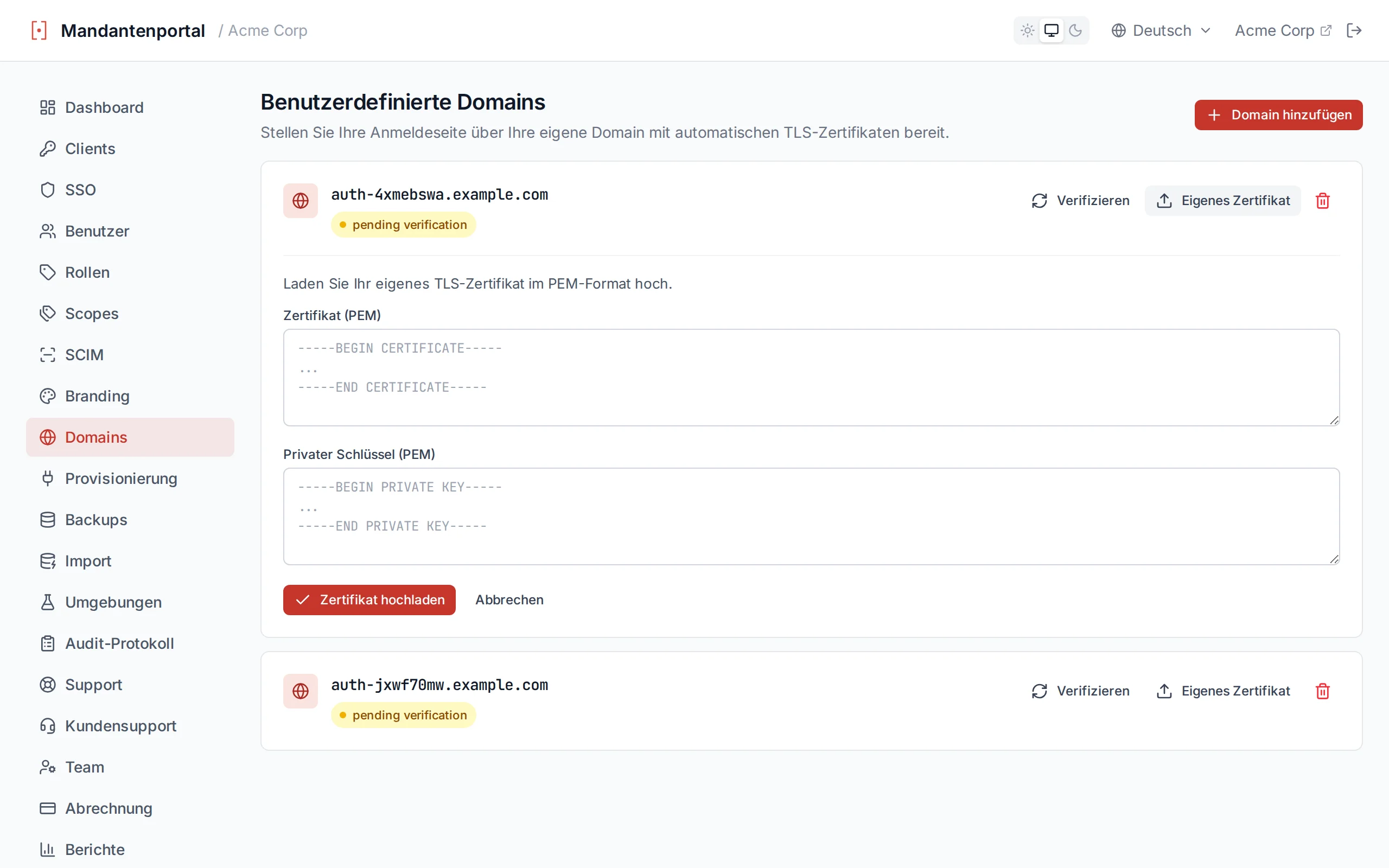 BYO certificate upload form with certificate and private key PEM fields