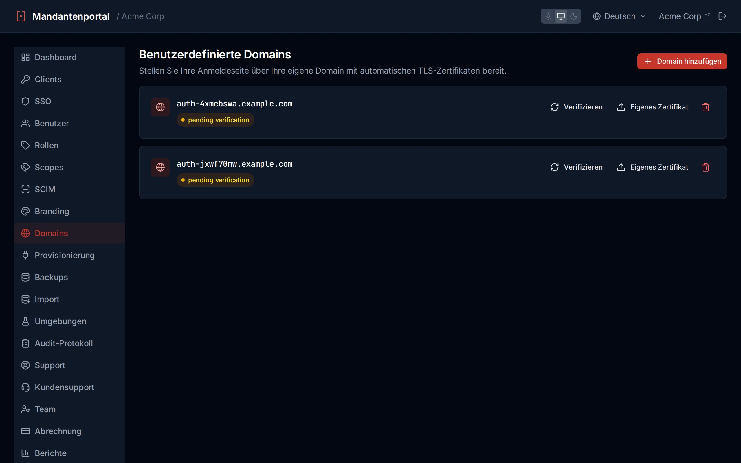 Domain list showing domains with status badges and verification controls