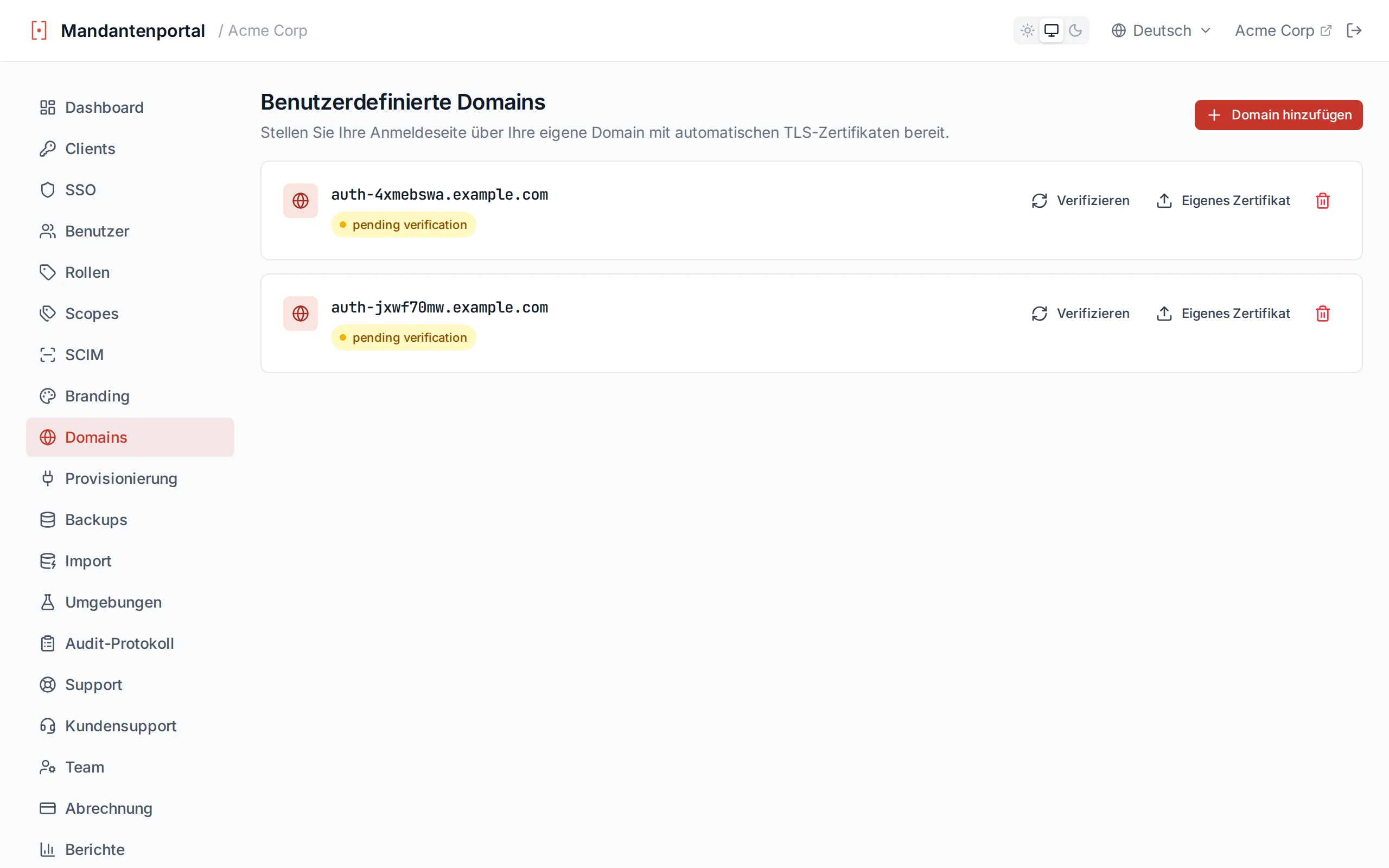 Domain list showing domains with status badges and verification controls