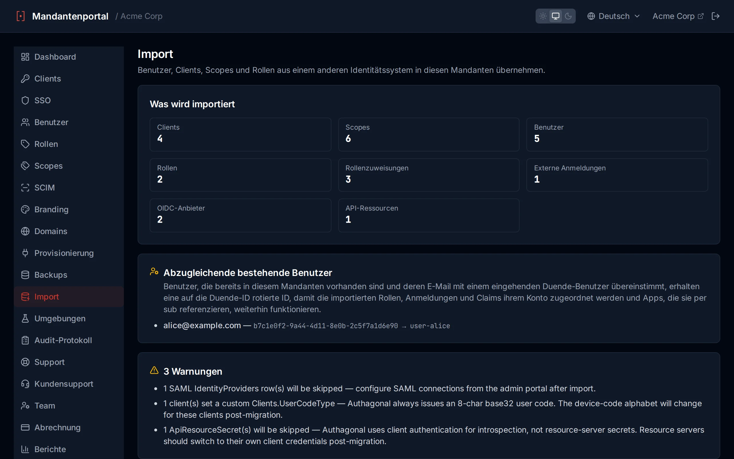 Import preview panel showing entity counts and warnings before committing the import