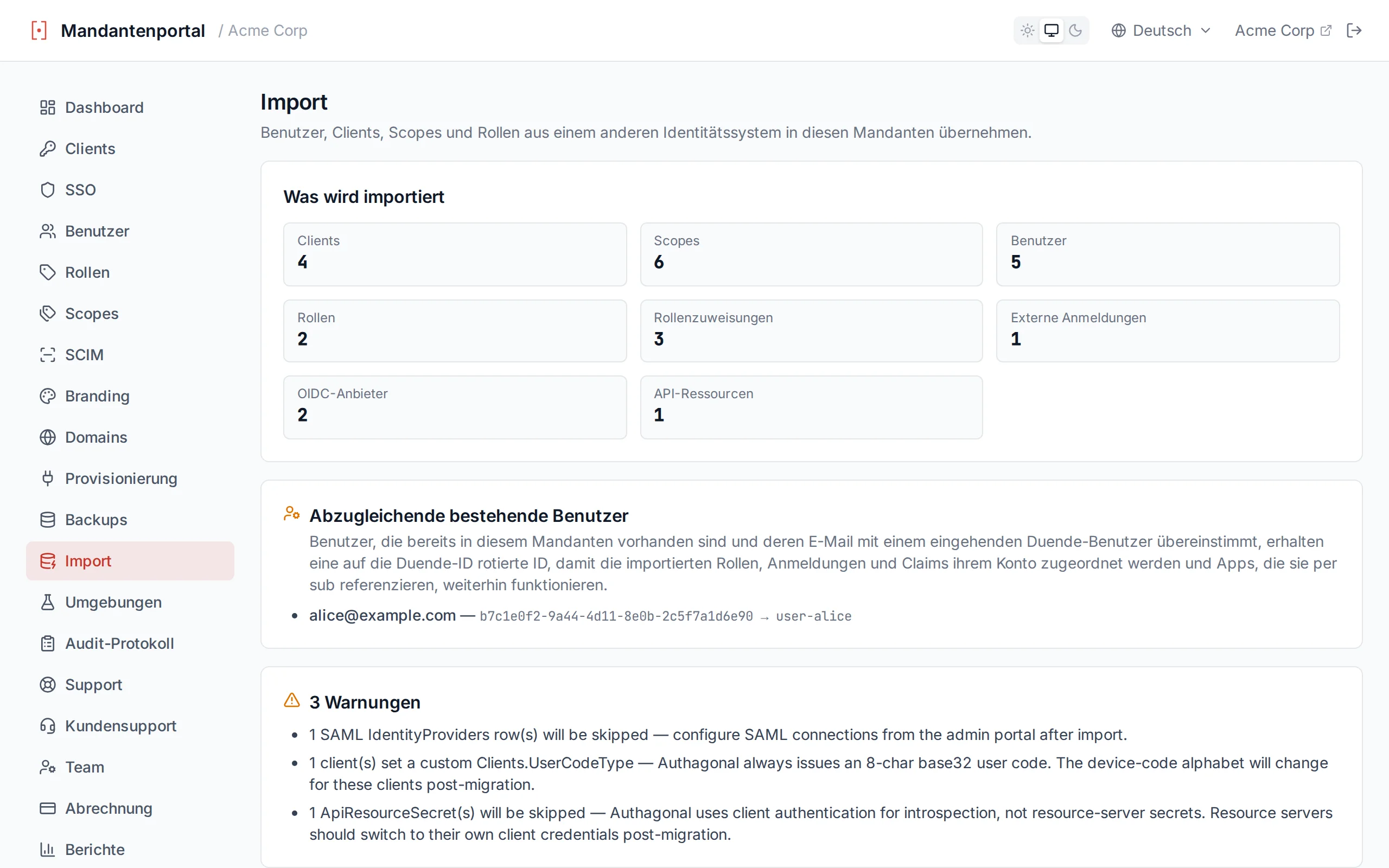Import preview panel showing entity counts and warnings before committing the import