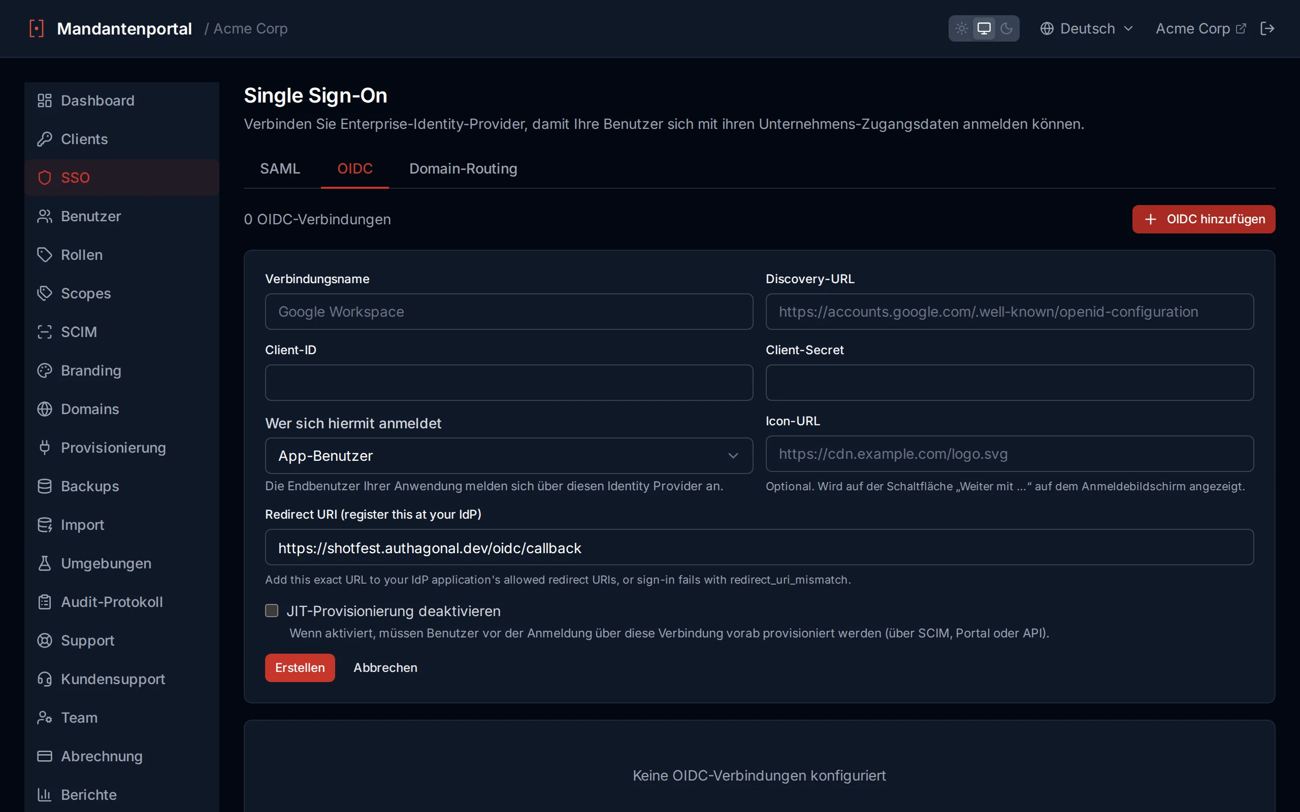 OIDC connection creation form with fields for connection name, discovery URL, client ID, and client secret