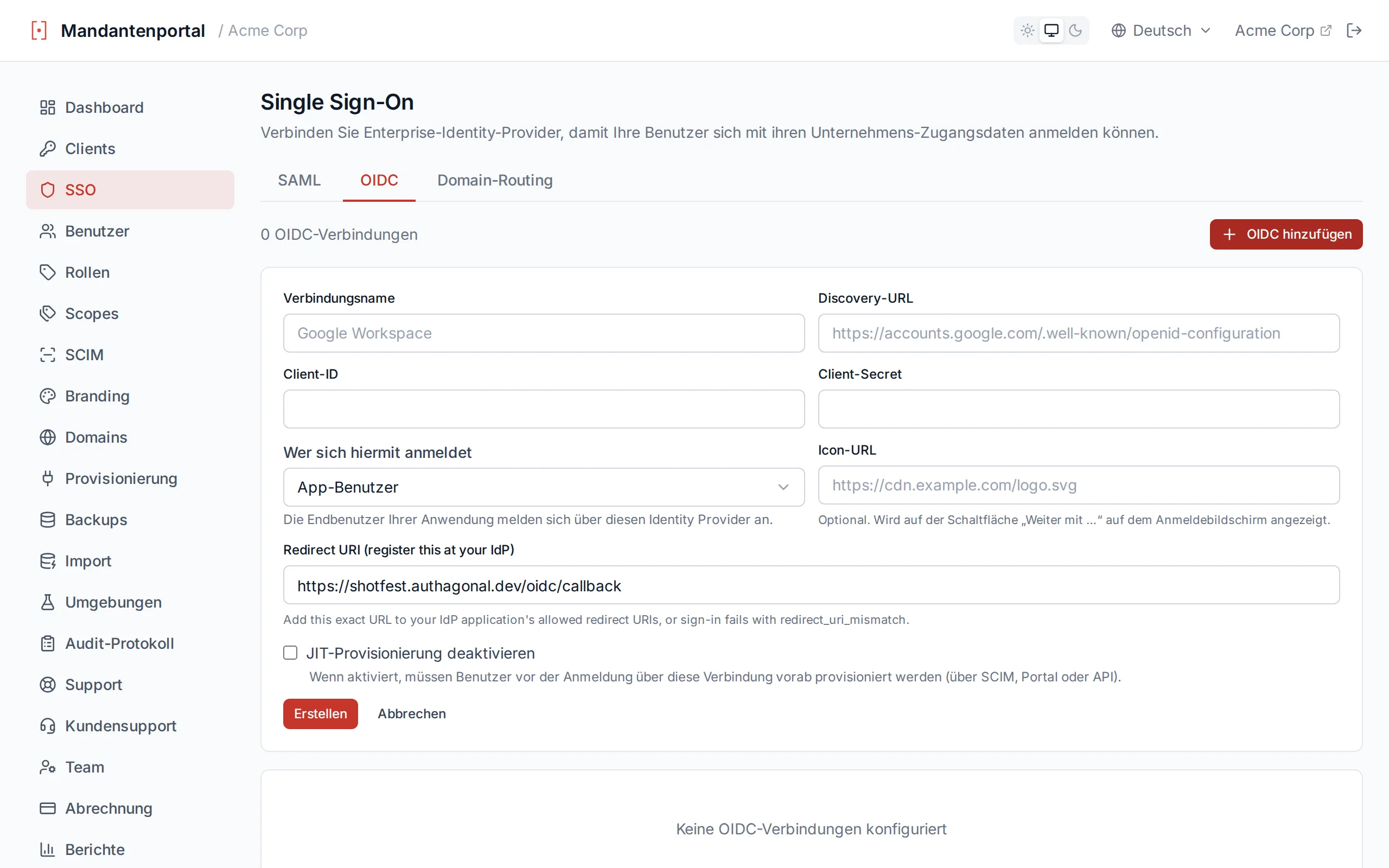 OIDC connection creation form with fields for connection name, discovery URL, client ID, and client secret