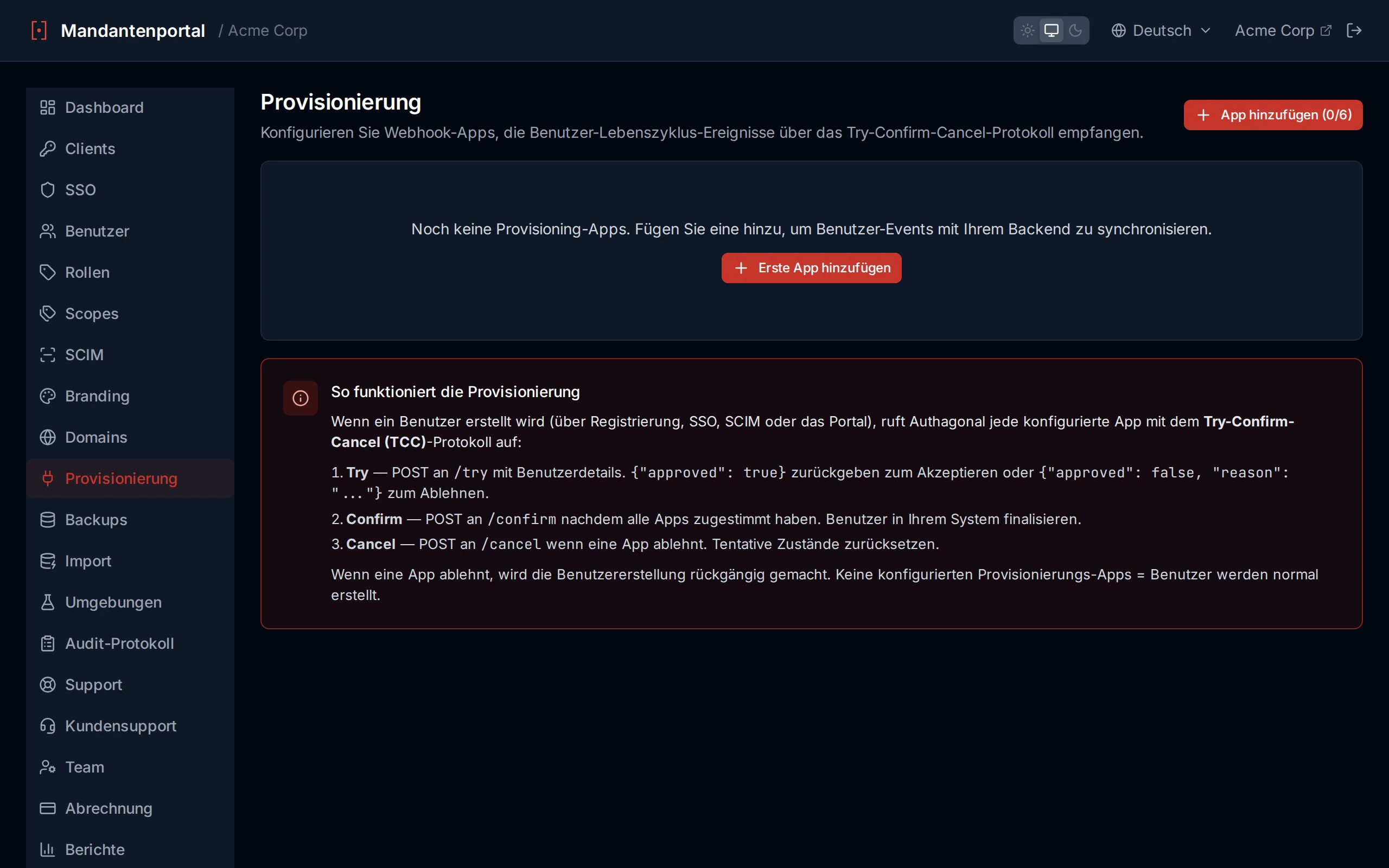 Provisioning apps page showing configured apps with test results displaying HTTP status and response body