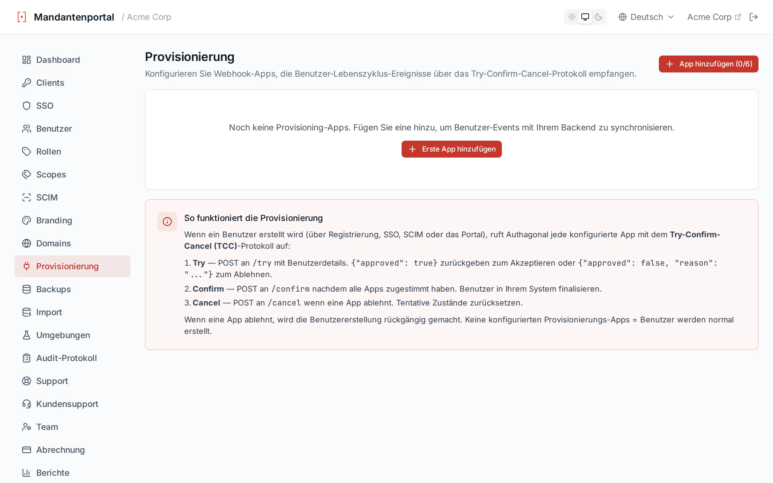Provisioning apps page showing configured apps with test results displaying HTTP status and response body