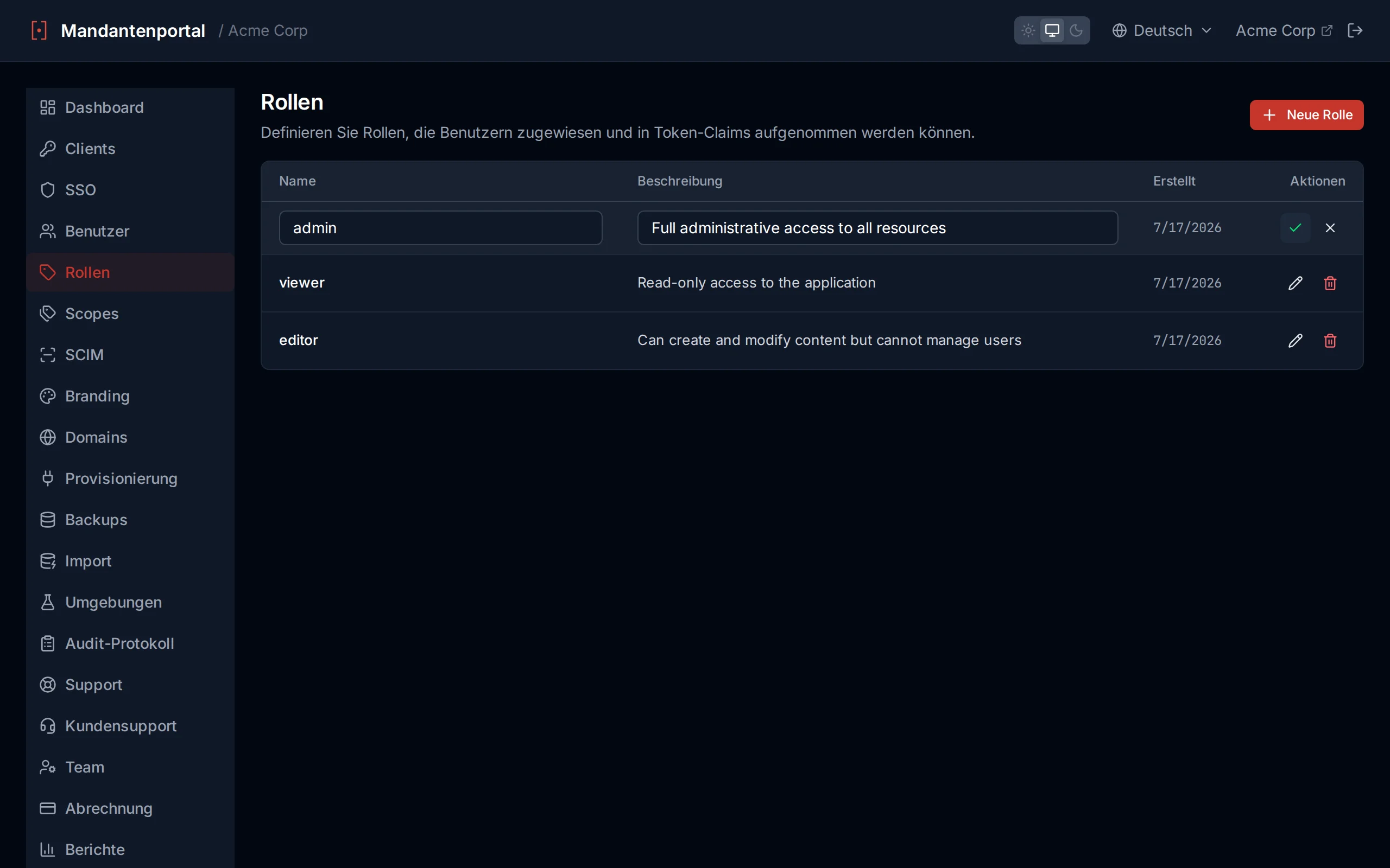 Roles table with inline editing active, showing editable name and description fields with save and cancel icons