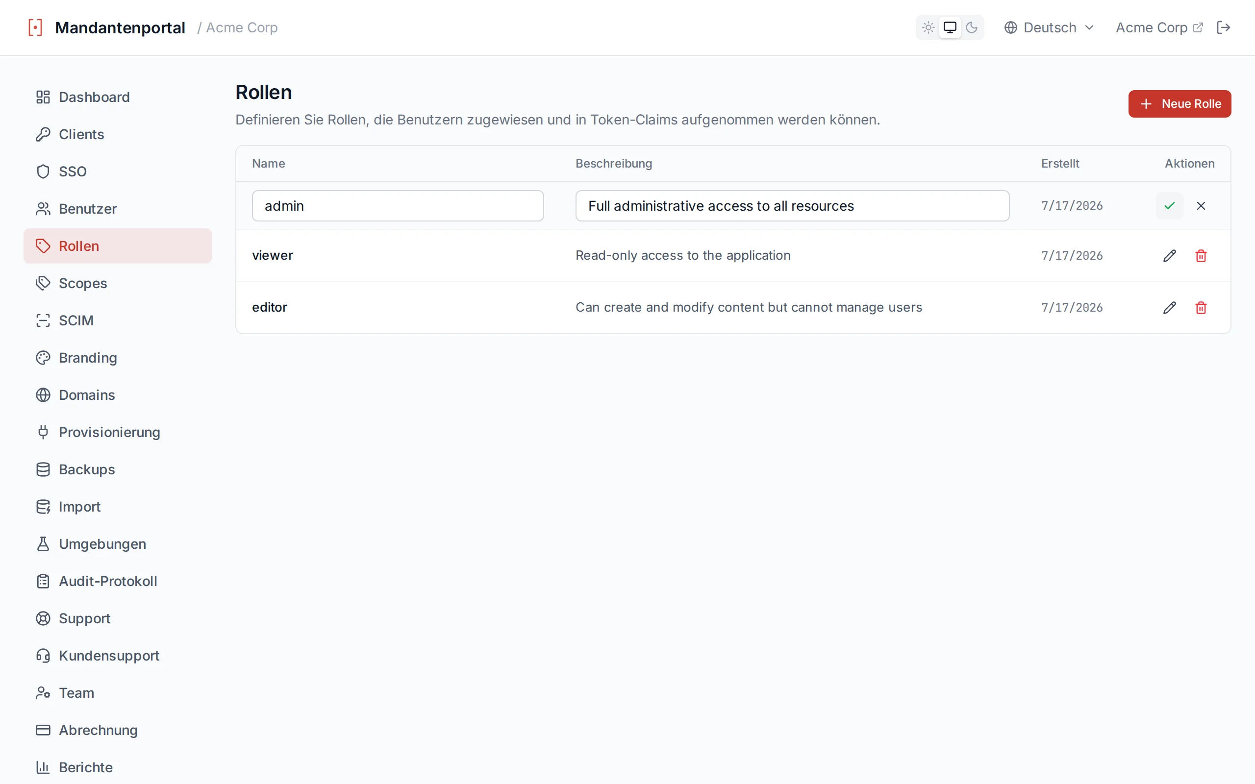 Roles table with inline editing active, showing editable name and description fields with save and cancel icons