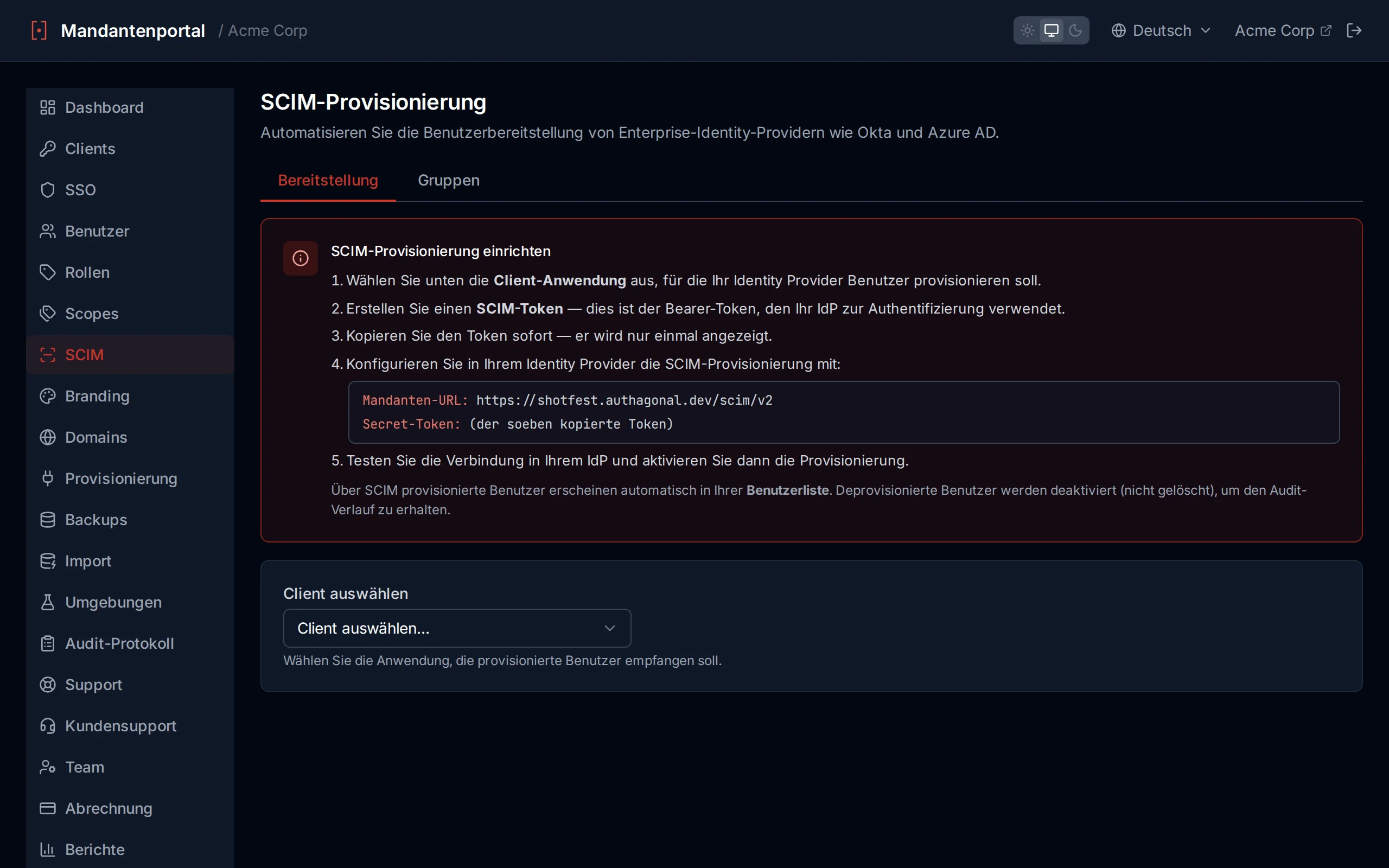 SCIM configuration page showing client selector, token generation form, and base URL