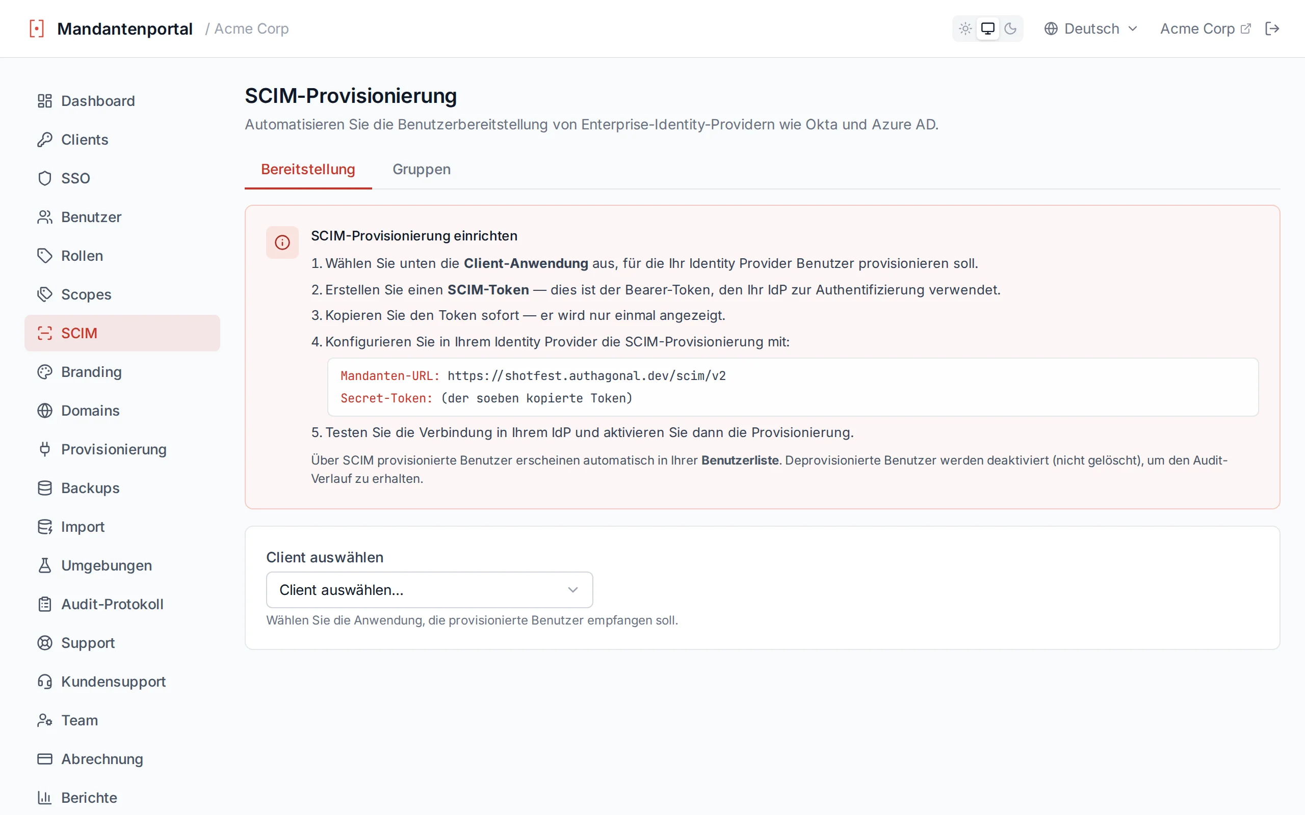 SCIM token list showing active and revoked tokens with description, expiry date, and revoke button