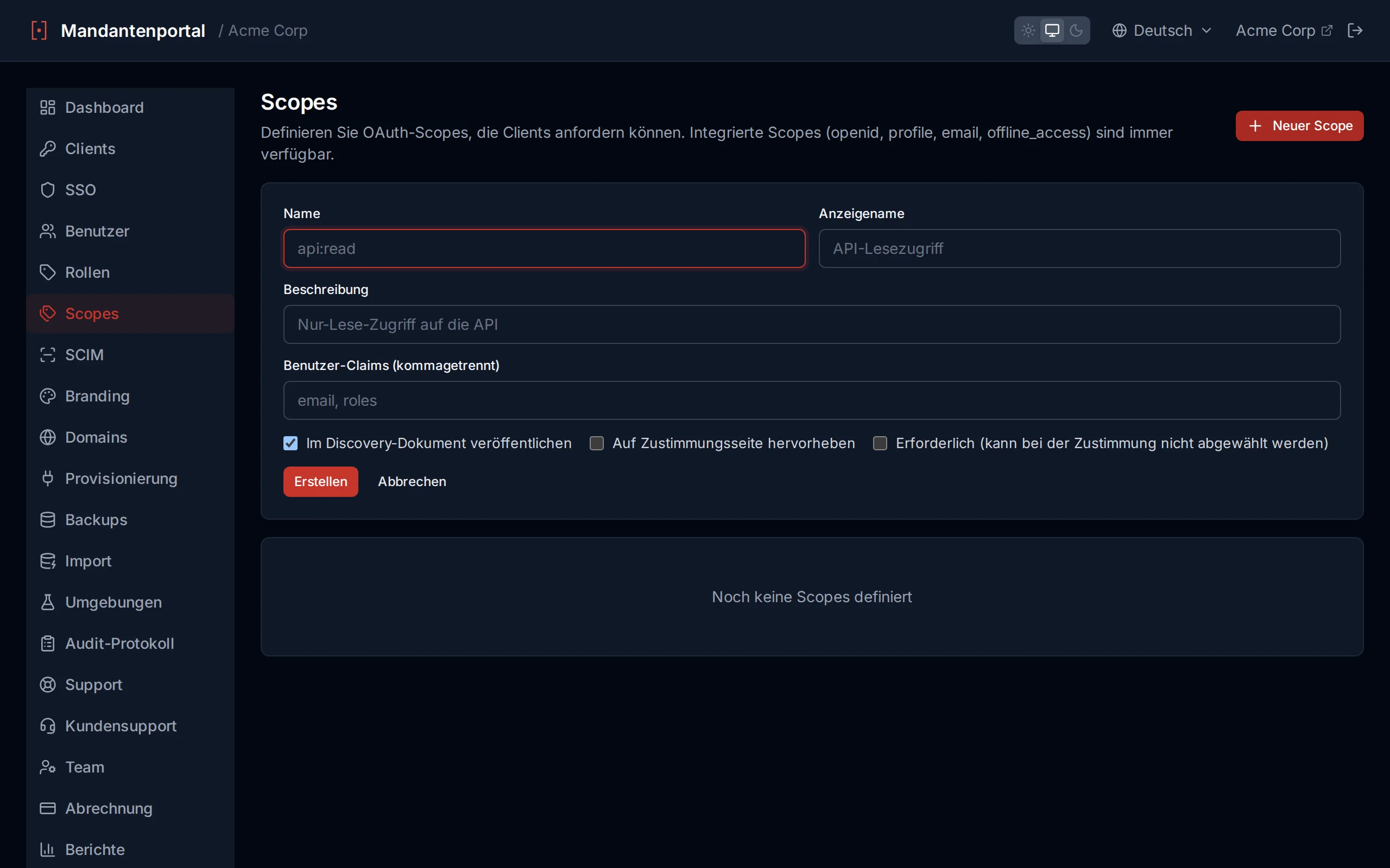 Custom scope creation form with name, display name, description and User Claims fields