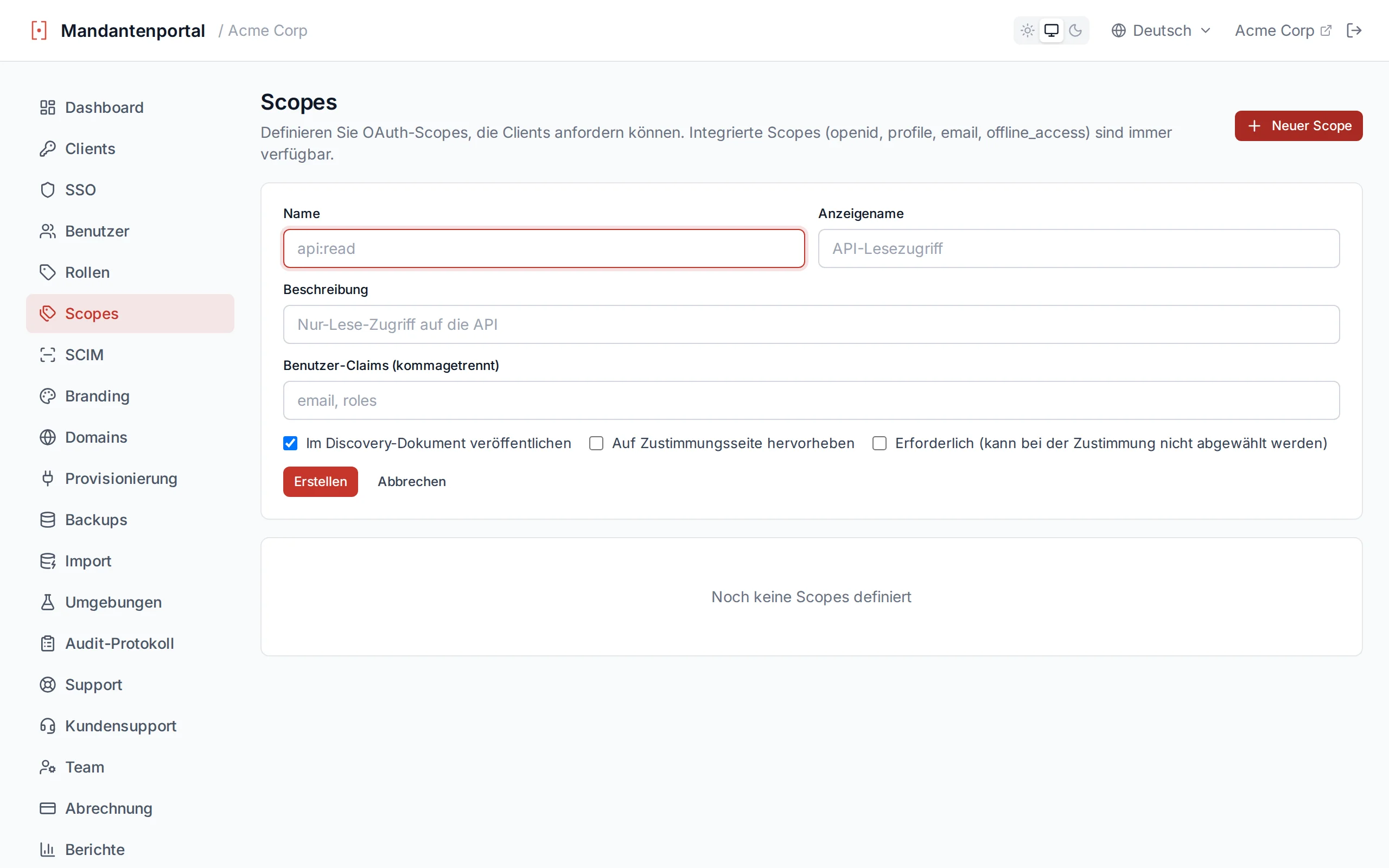 Custom scope creation form with name, display name, description and User Claims fields
