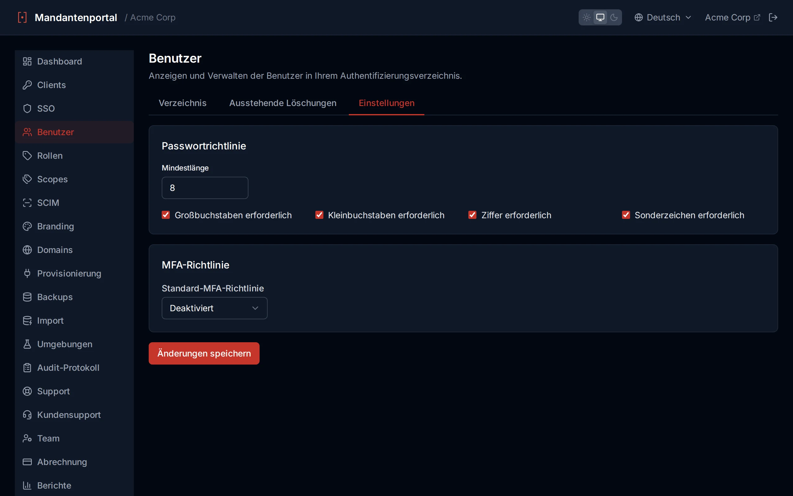 Password policy settings showing minimum length slider and toggle switches for character requirements